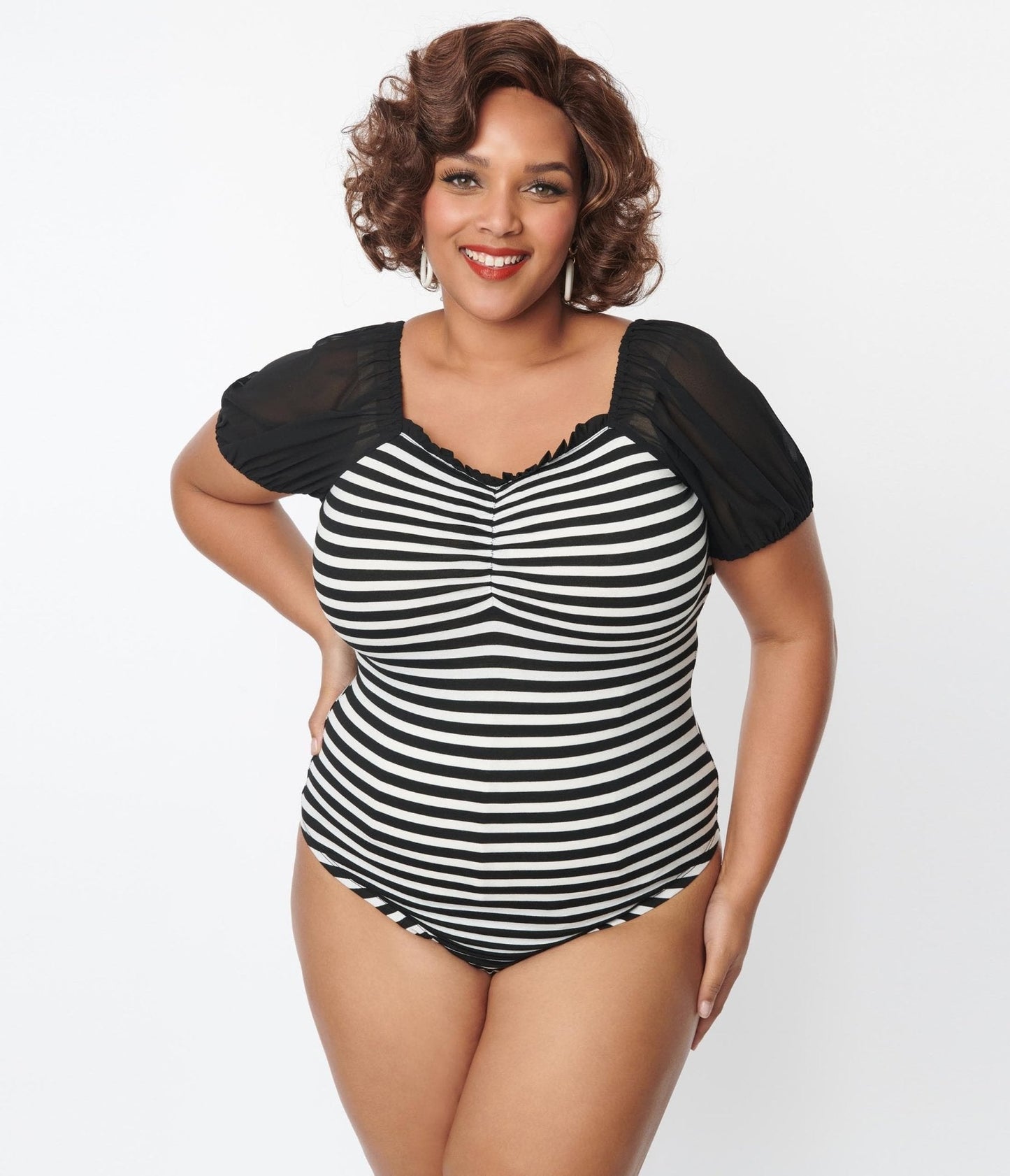 Unique Vintage Plus Size 1940s Black & White Striped Short Sleeve Bodysuit