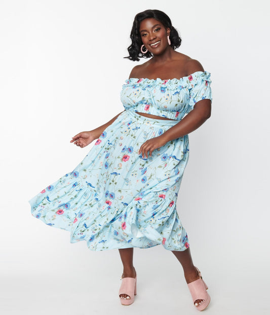 Unique Vintage Plus Size 1970s Blue Floral & Blue Bird Tiered Midi Skirt