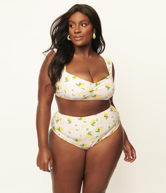 Unique Vintage Plus Size Light Pink Stripes & Lemons Ruched & Ready Swim Top