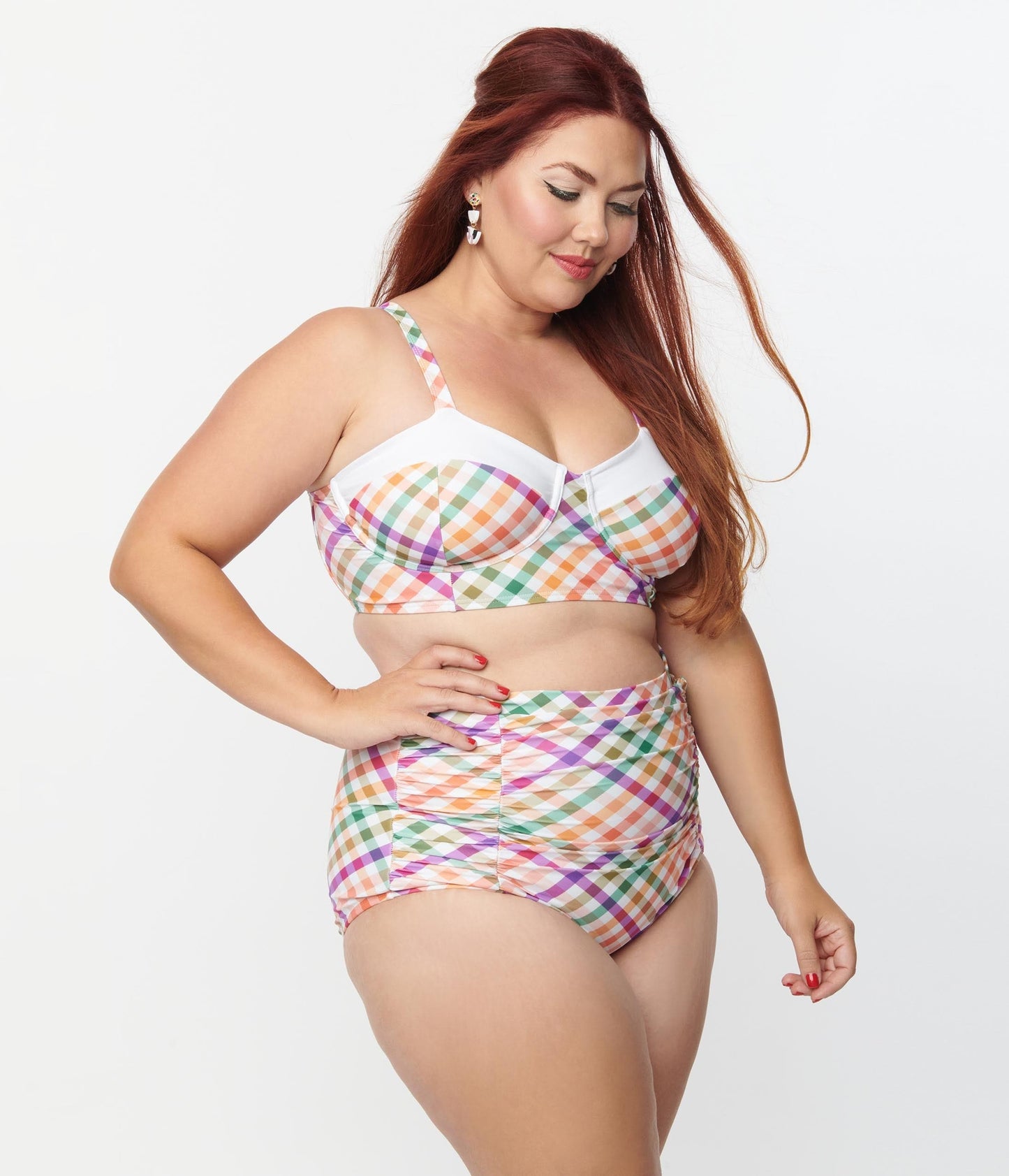 Unique Vintage Plus Size Pastel Madras Gingham Marlene Crop Swim Top