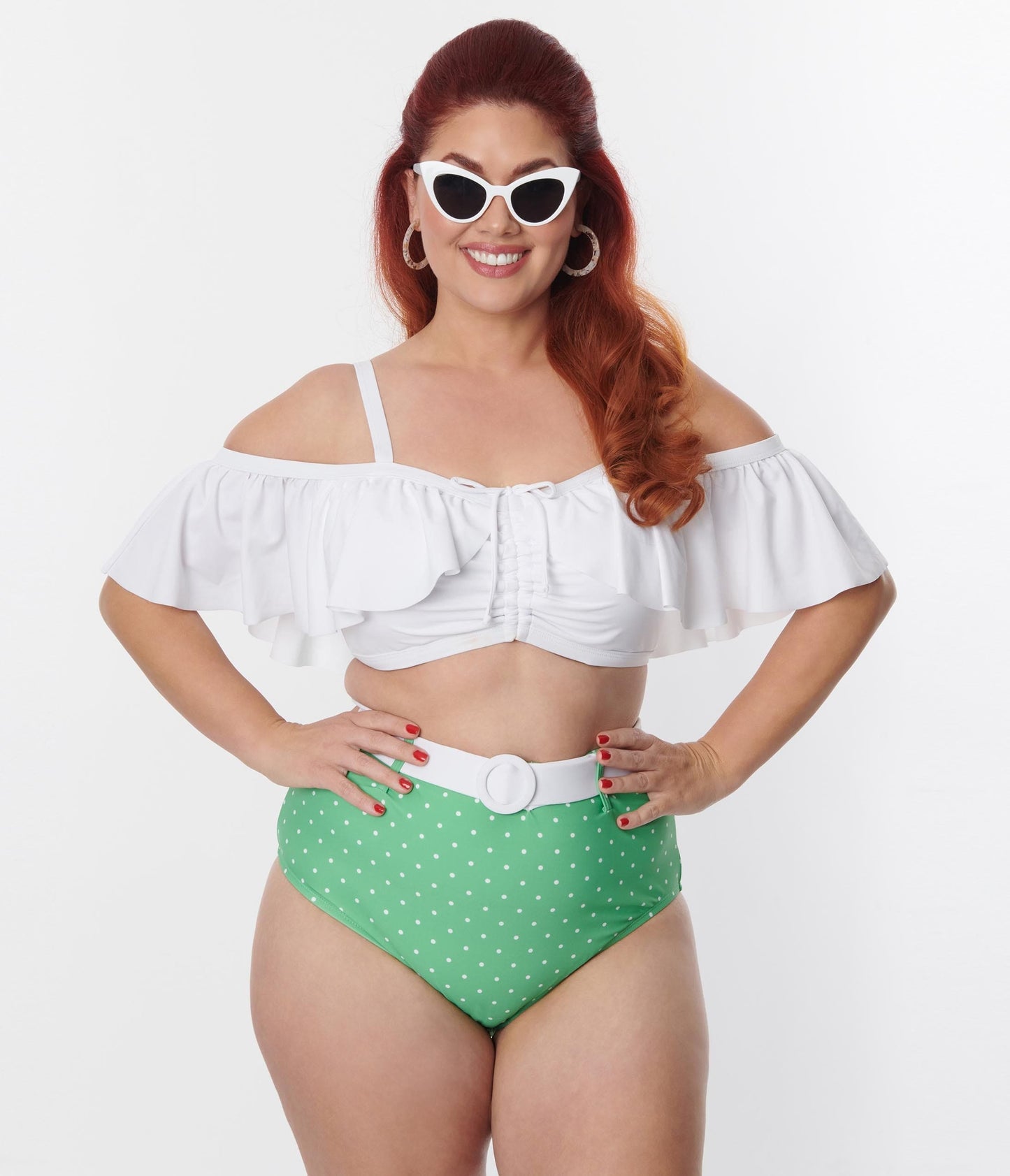 Unique Vintage Plus Size White Ruffle Swim Top