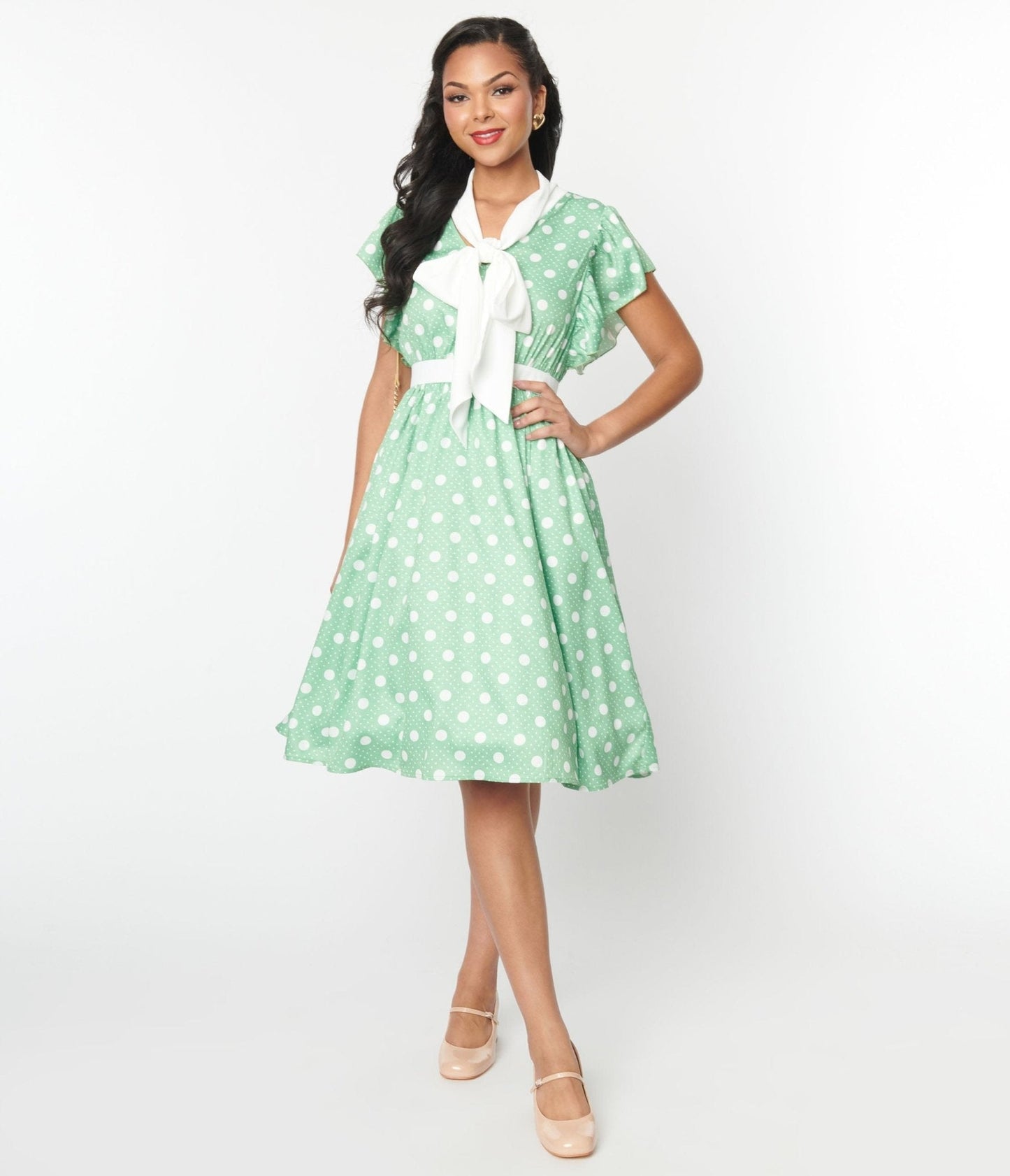 Unique Vintage 1940s Sage & White Polka Dot Flutter Swing Dress