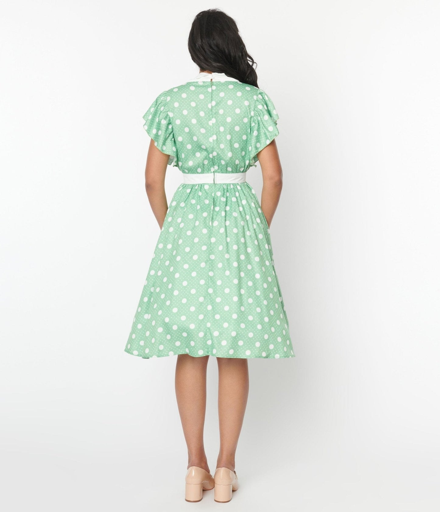 Unique Vintage 1940s Sage & White Polka Dot Flutter Swing Dress