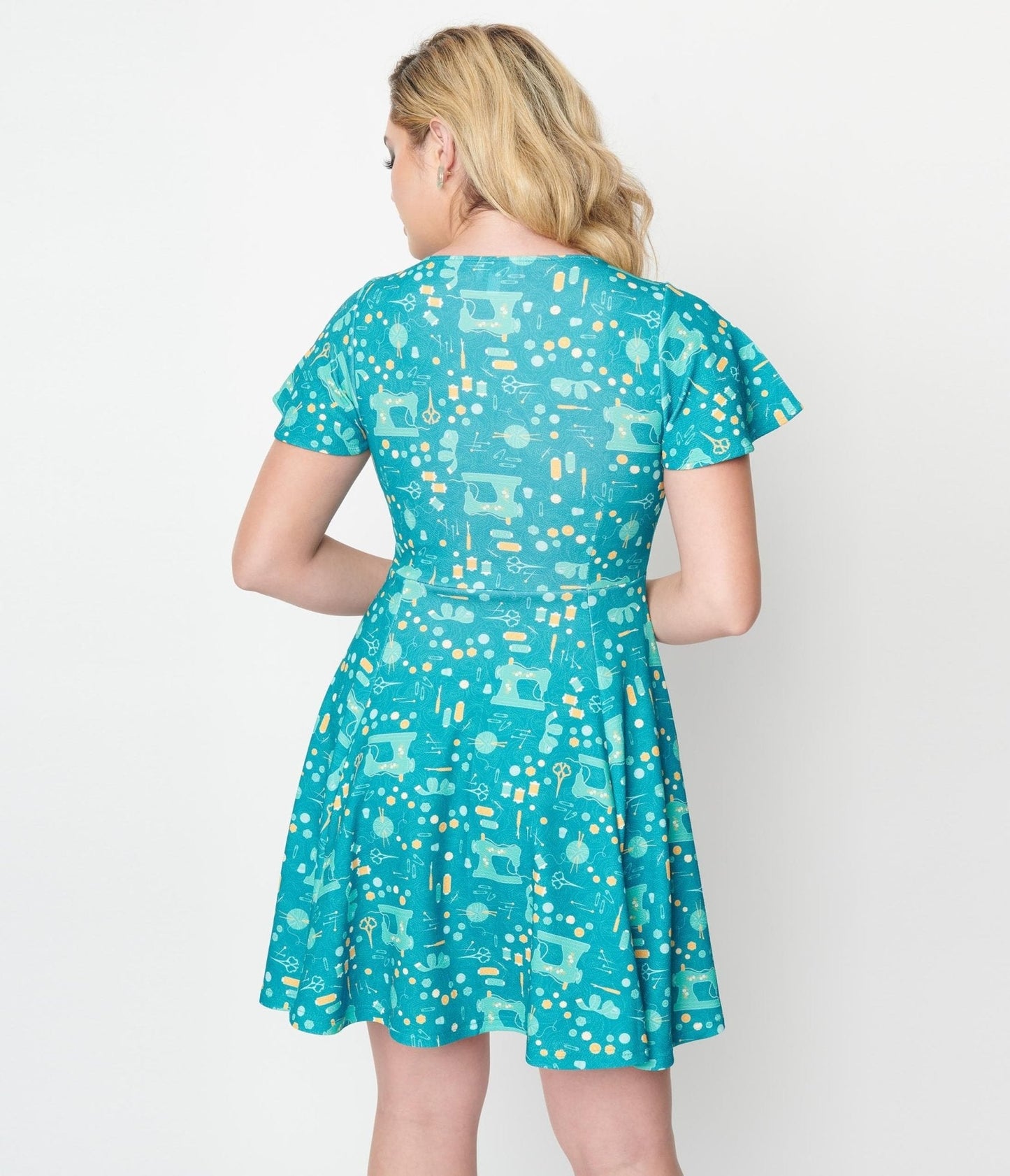 Unique Vintage Teal She's Crafty All Over Print Poppy Flare Dress