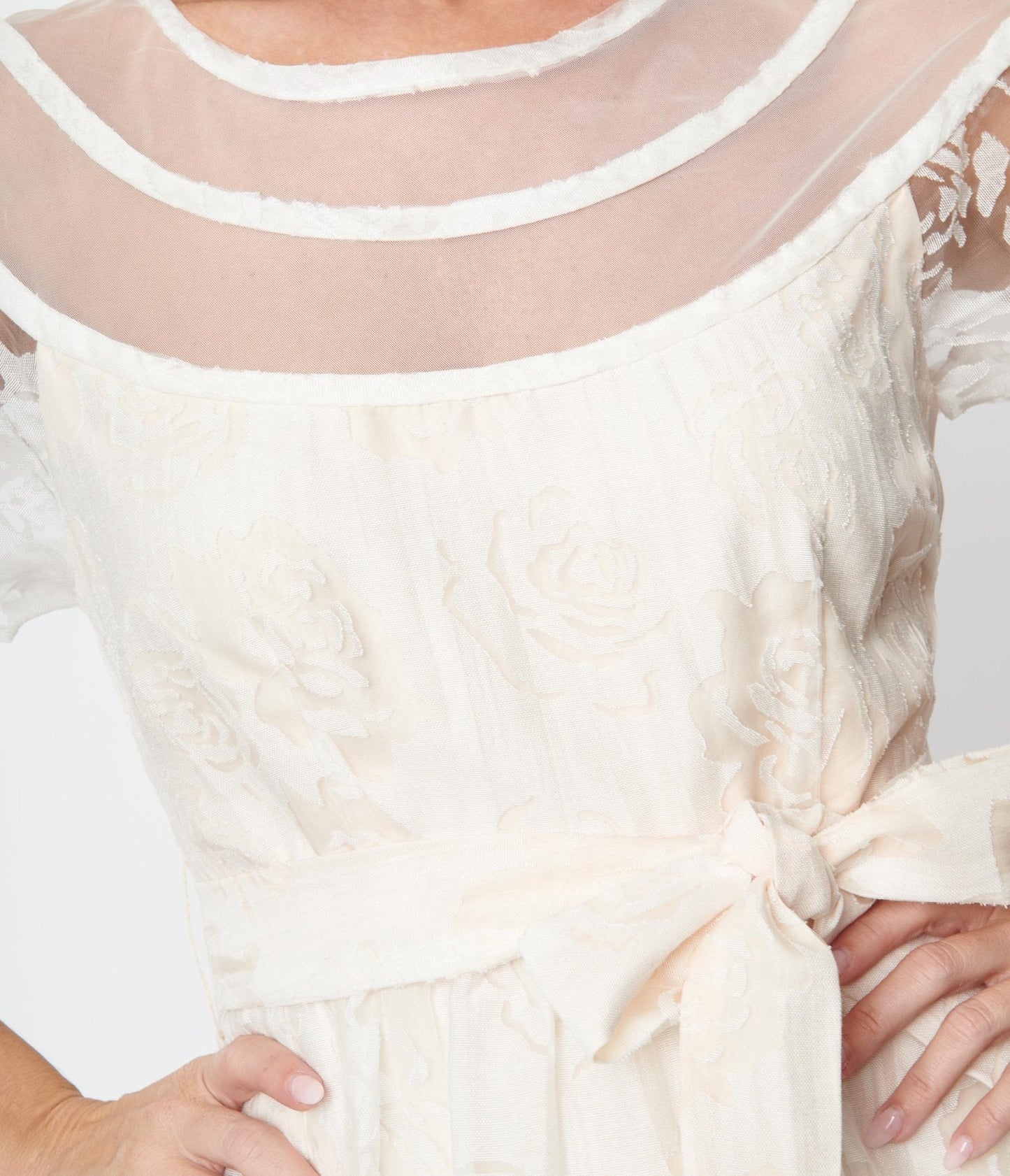Unique Vintage White Burnout Rose Flare Dress
