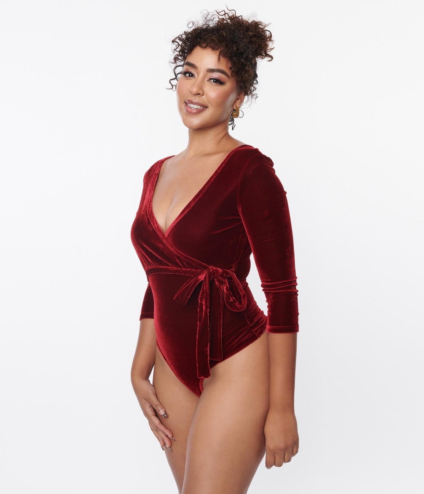 Unique Vintage 1970s Wine Velvet Surplice Bodysuit
