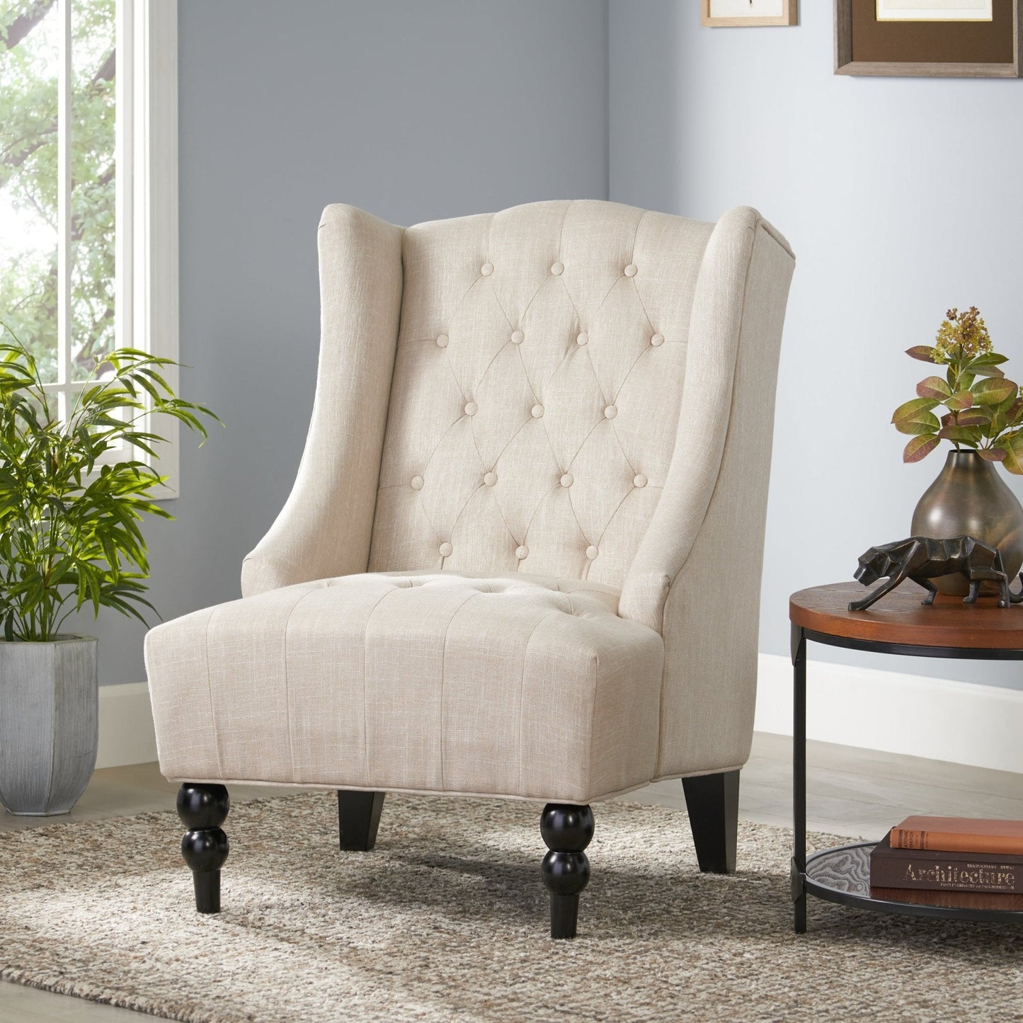 Upholstered Accent Chair with Diamond Tufted Wing Back