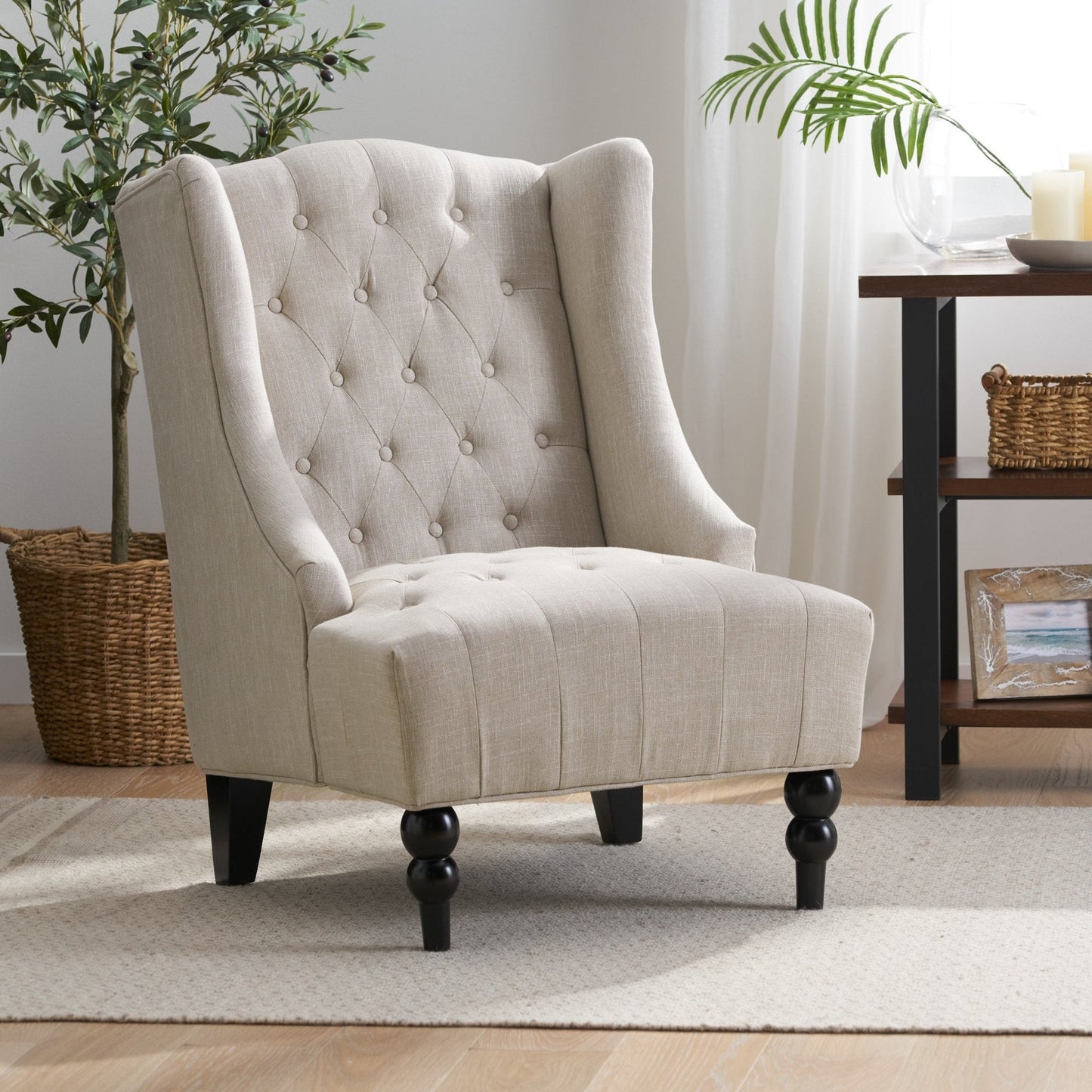 Upholstered Accent Chair with Diamond Tufted Wing Back