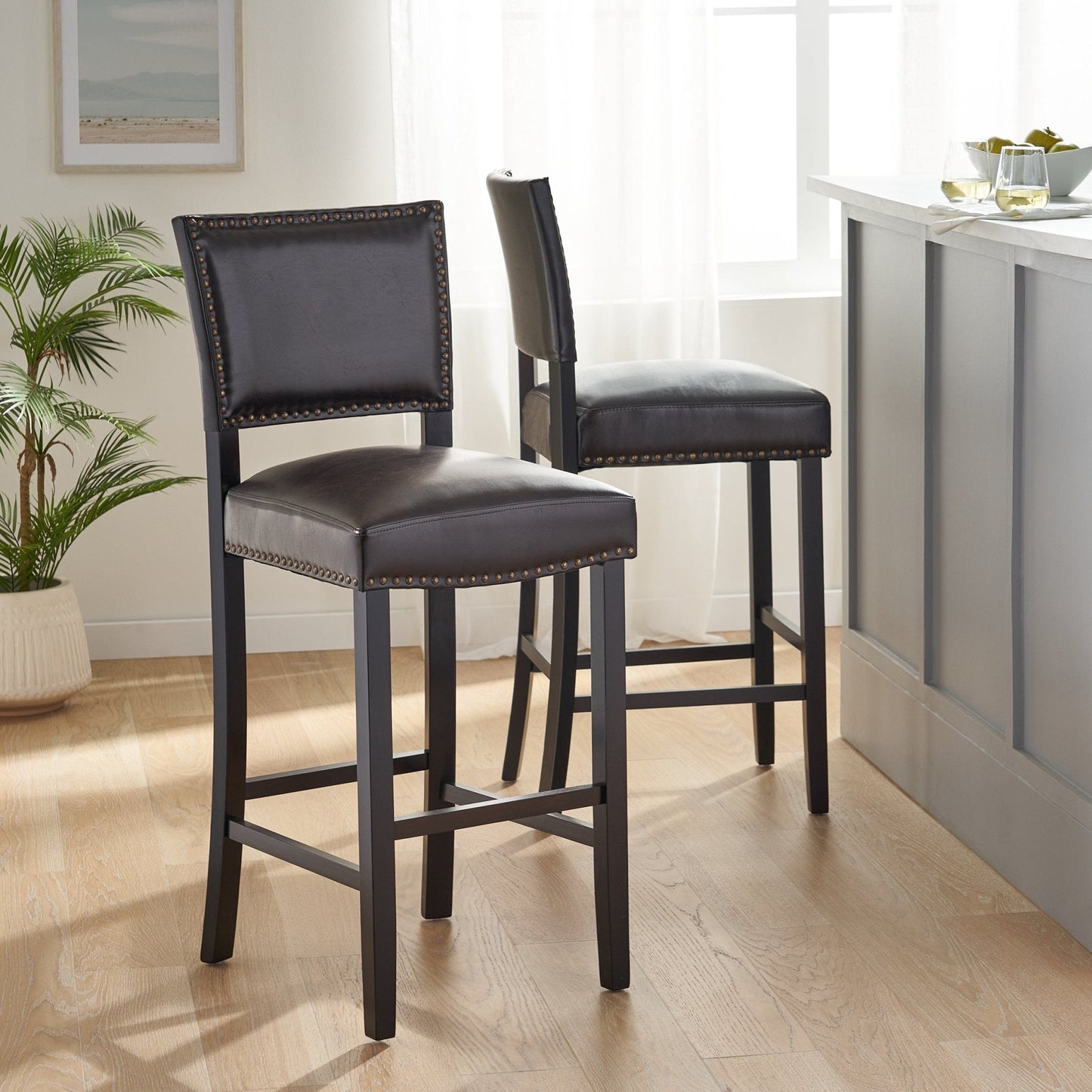 Upholstered Barstool with Open Back and Nail Head Trim