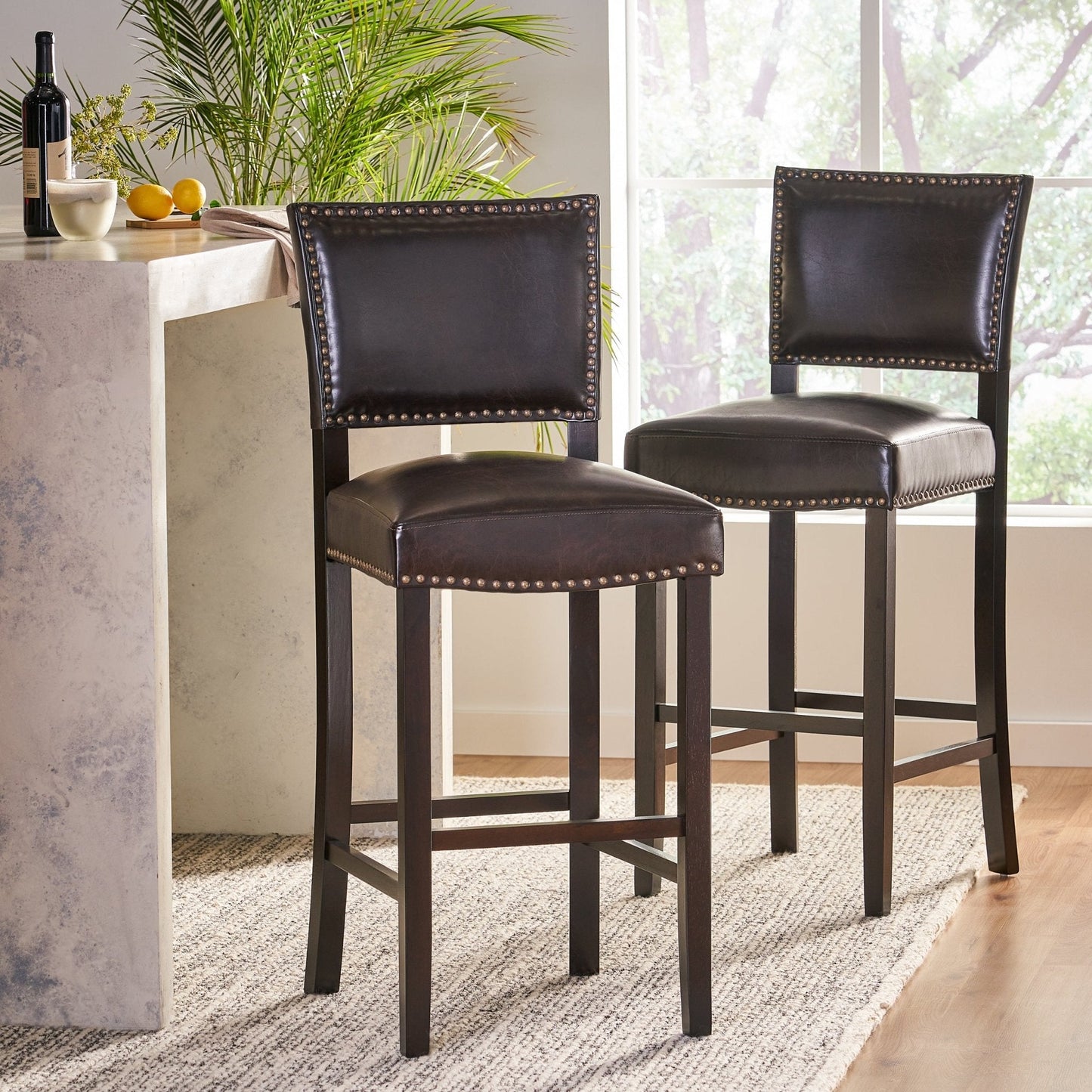 Upholstered Barstool with Open Back and Nail Head Trim