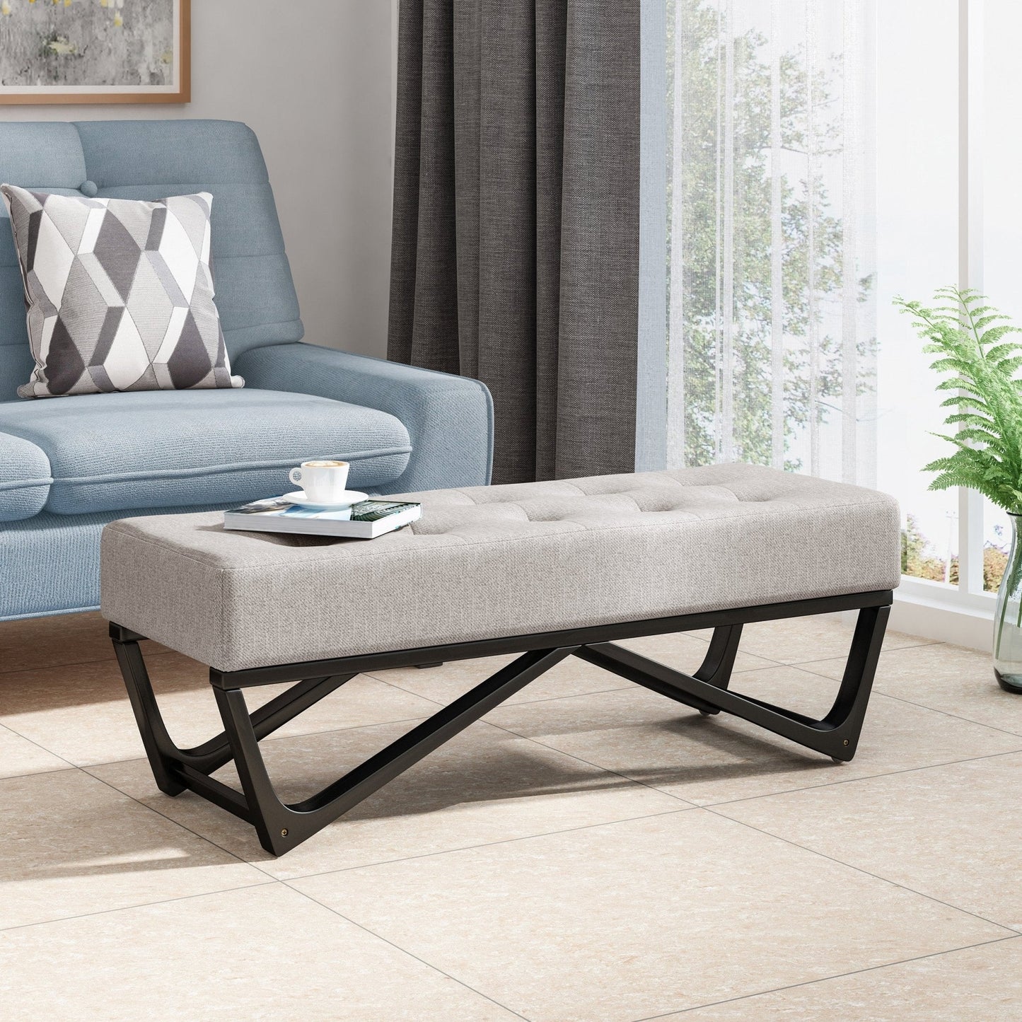 Upholstered Bench with Button Tufted and Bentwood Leg