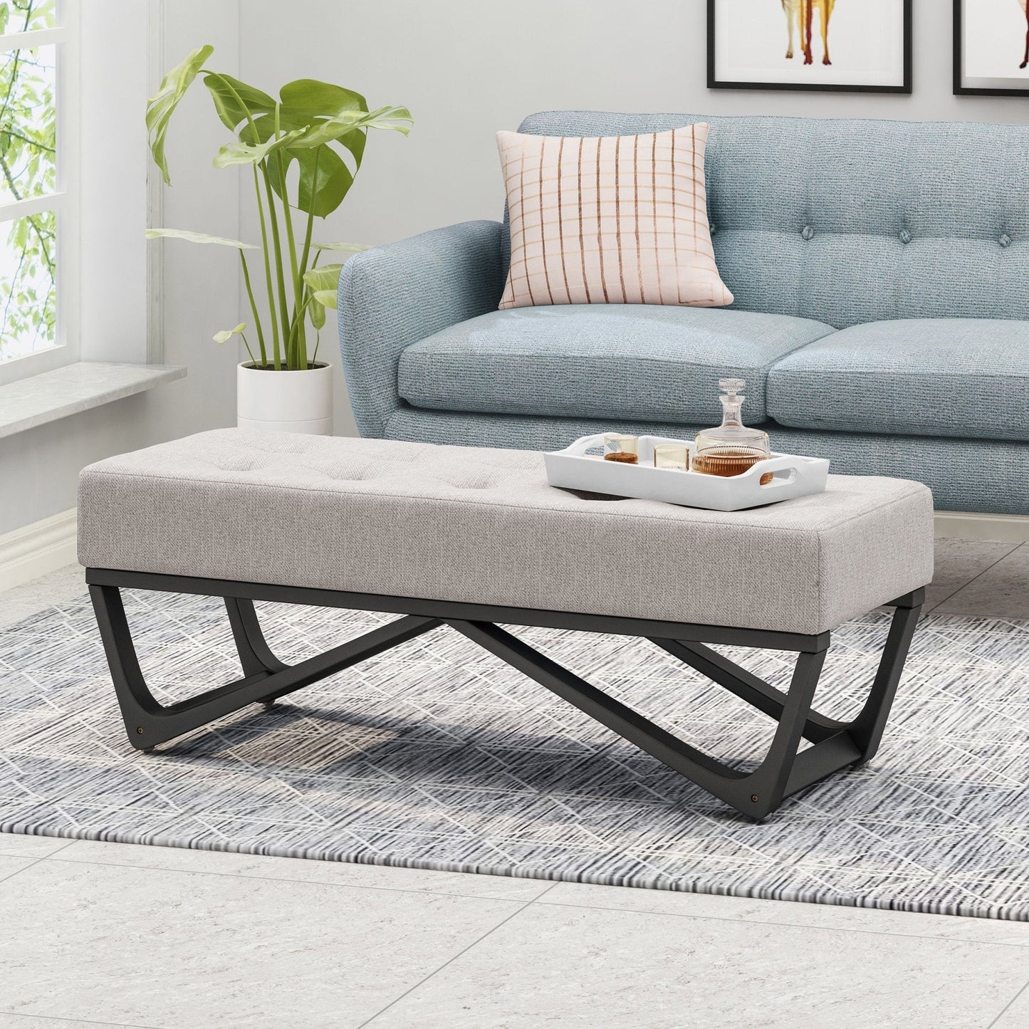 Upholstered Bench with Button Tufted and Bentwood Leg