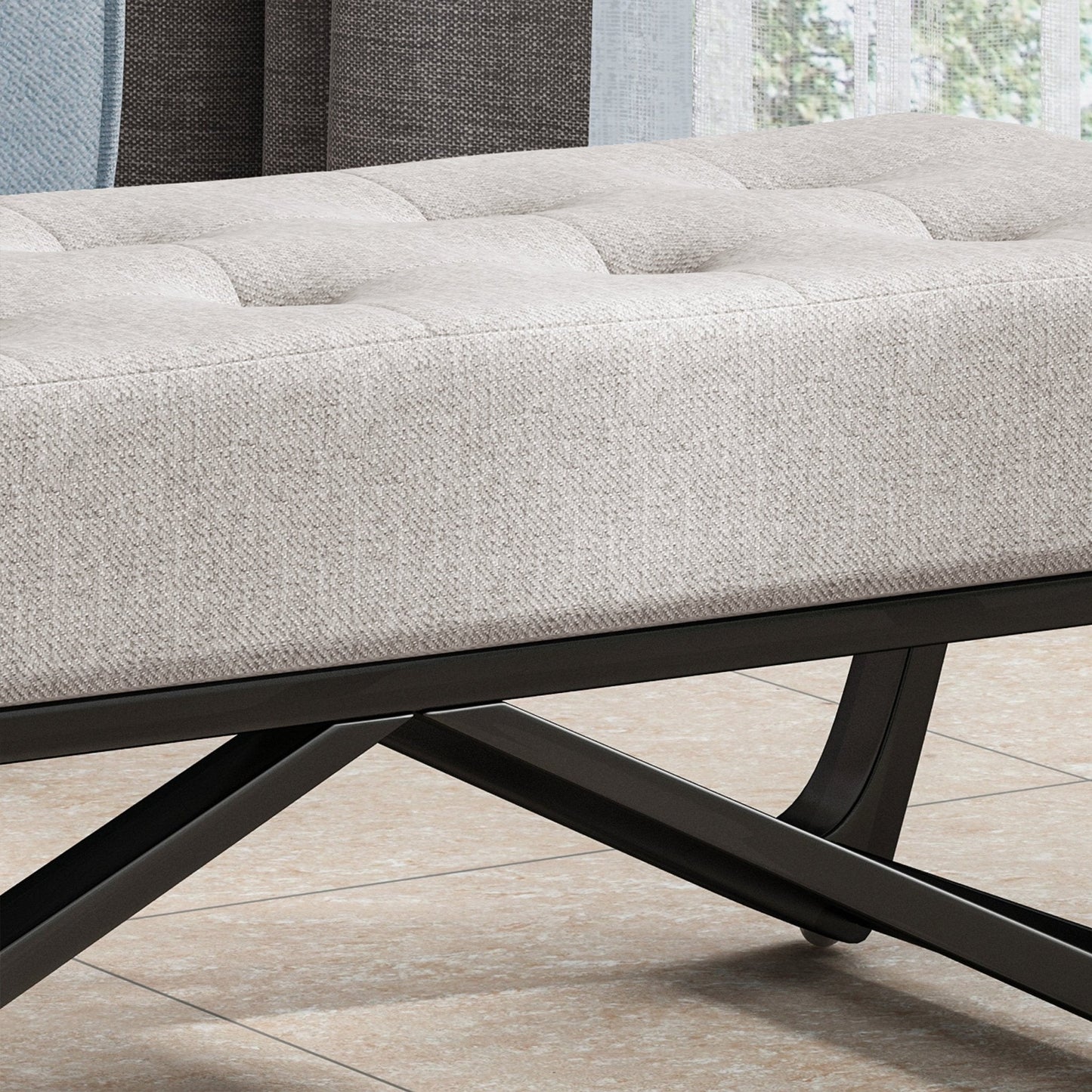 Upholstered Bench with Button Tufted and Bentwood Leg