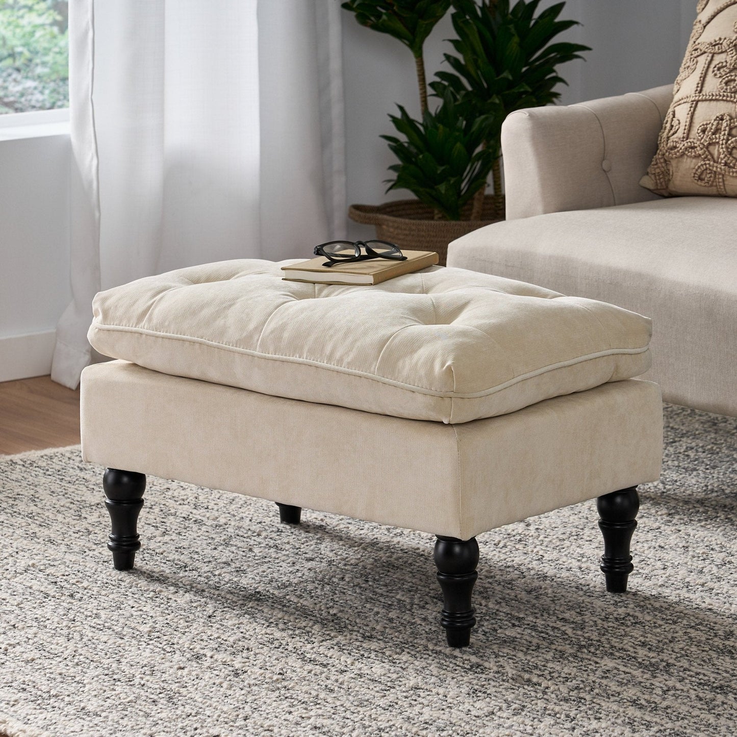 Upholstered Bench with Button Tufted Diamond Stitch and Iron Frame