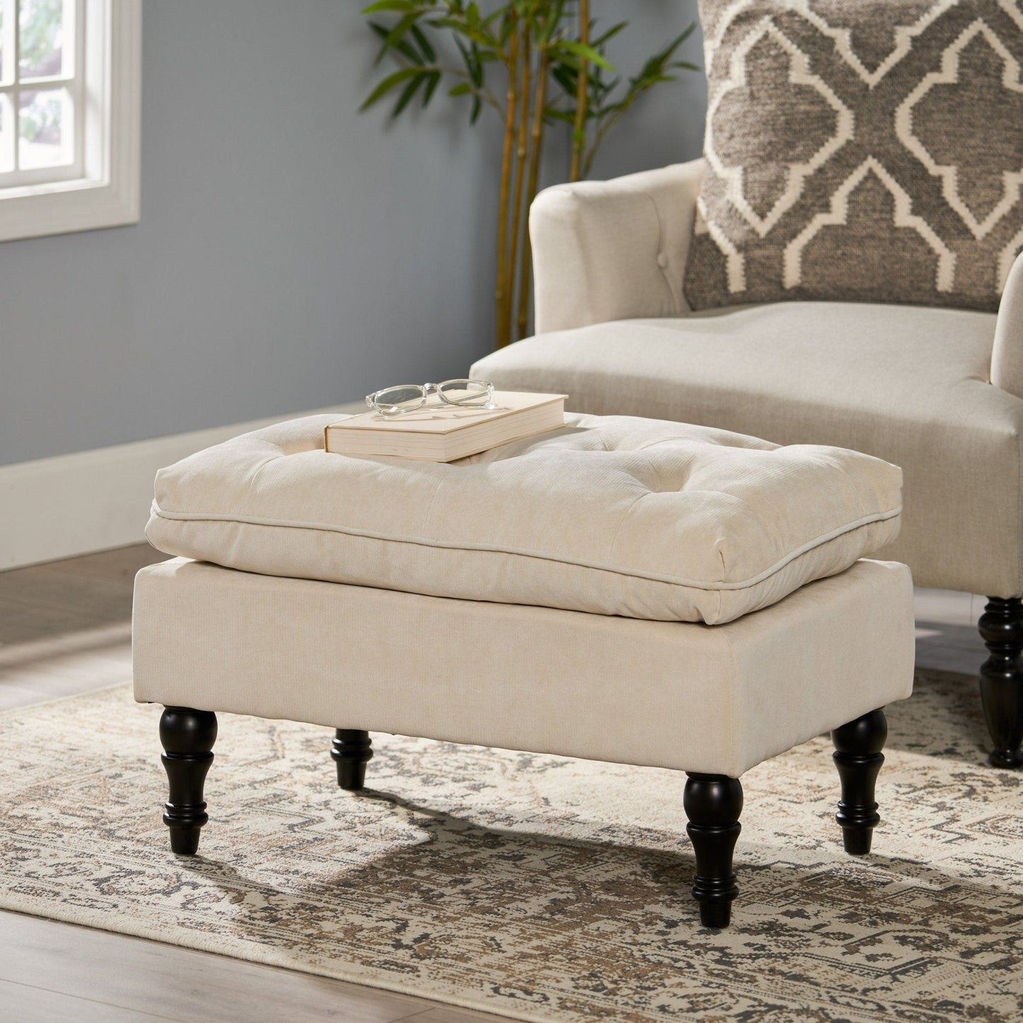 Upholstered Bench with Button Tufted Diamond Stitch and Iron Frame