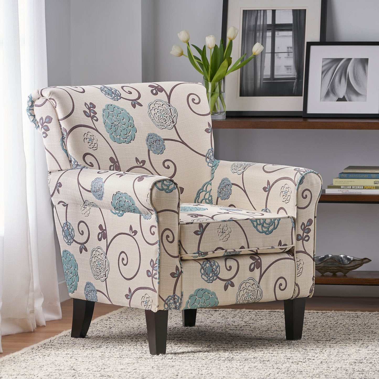 Upholstered Chair with Floral Pattern Design and Solid Wood Legs
