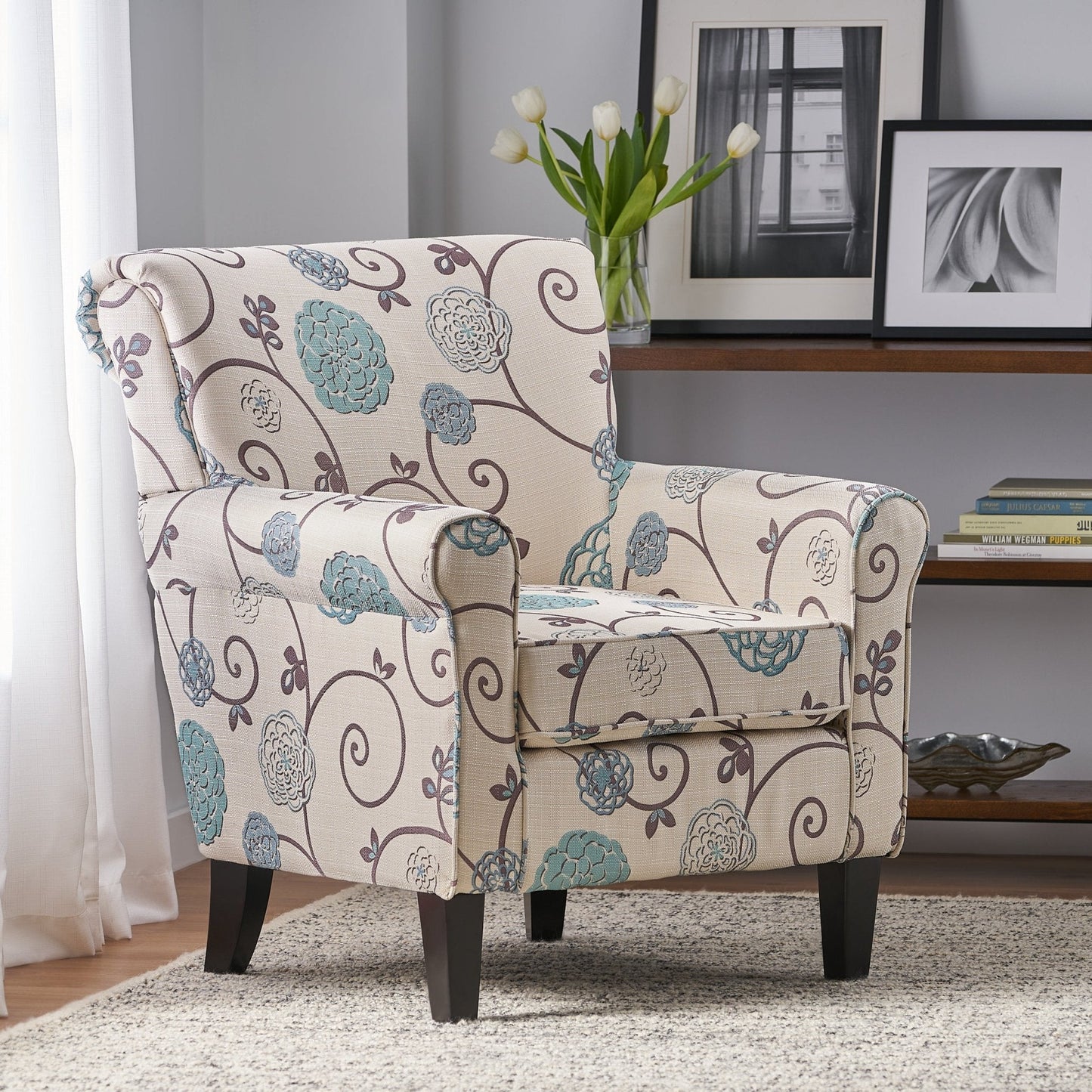 Upholstered Chair with Floral Pattern Design and Solid Wood Legs