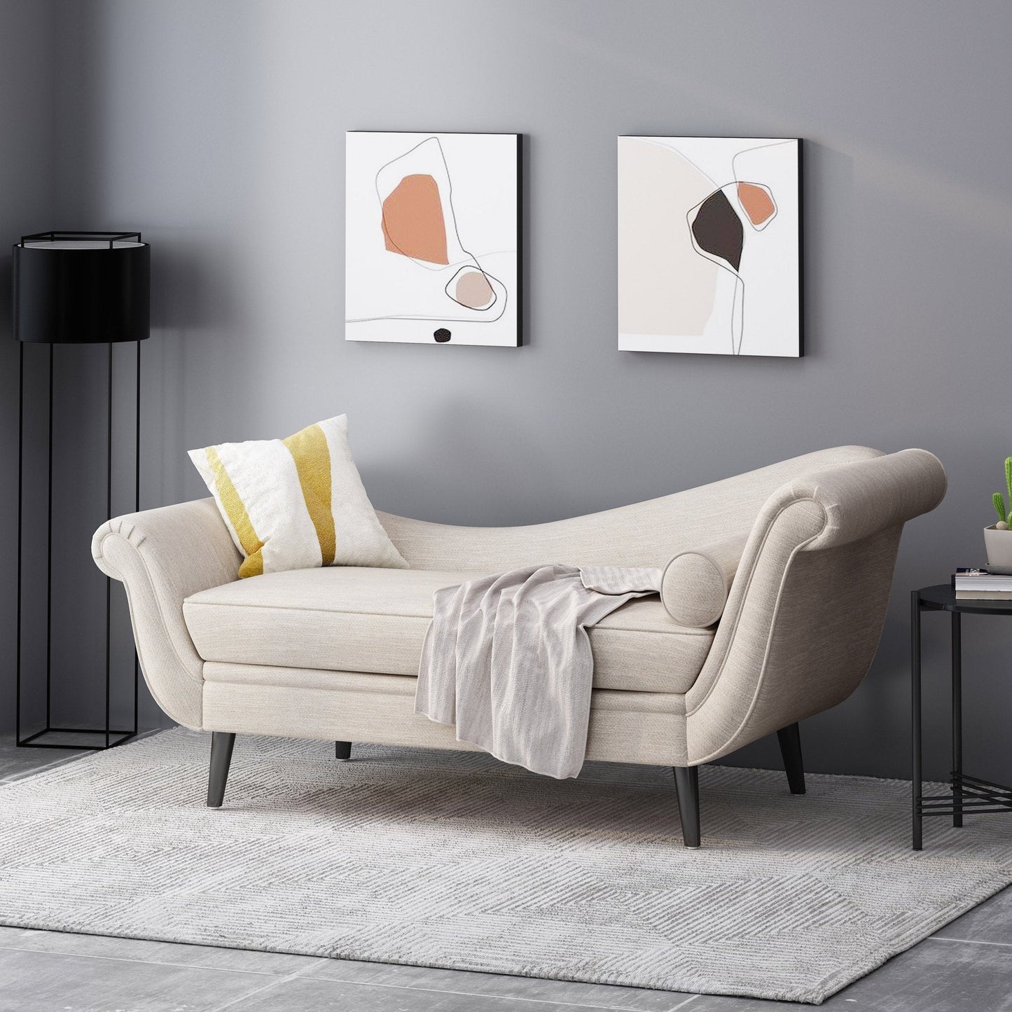 Upholstered Chaise Lounge with Flared Arm and Solid Wood Legs