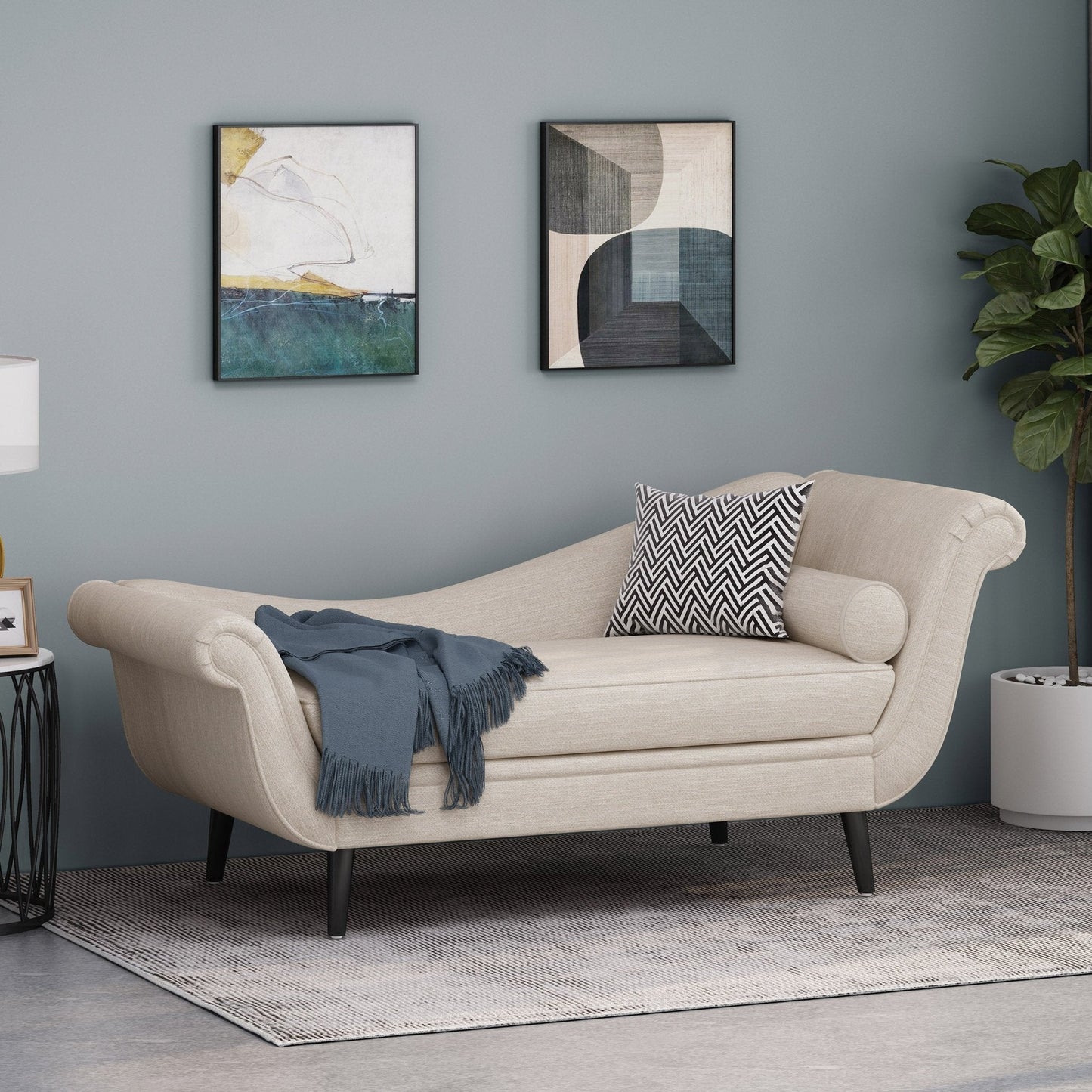 Upholstered Chaise Lounge with Flared Arm and Solid Wood Legs