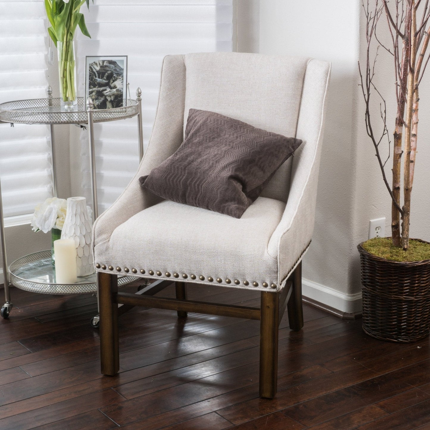 Upholstered Dining Chair with Wing Back, Slide Arm and Nail Head Trim