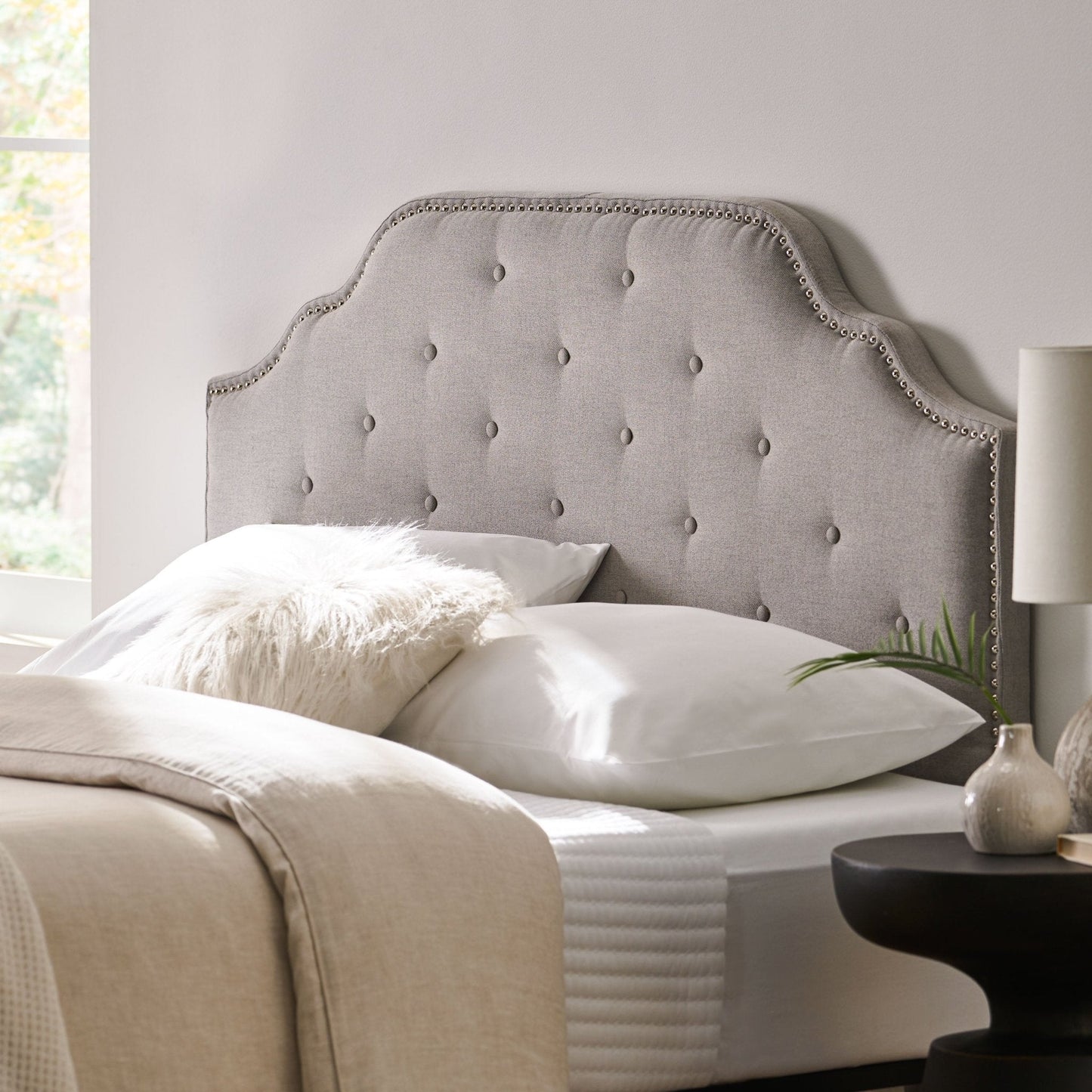 Upholstered Headboard with Diamond Tufted and Nail Head Trim, Queen and Full Size
