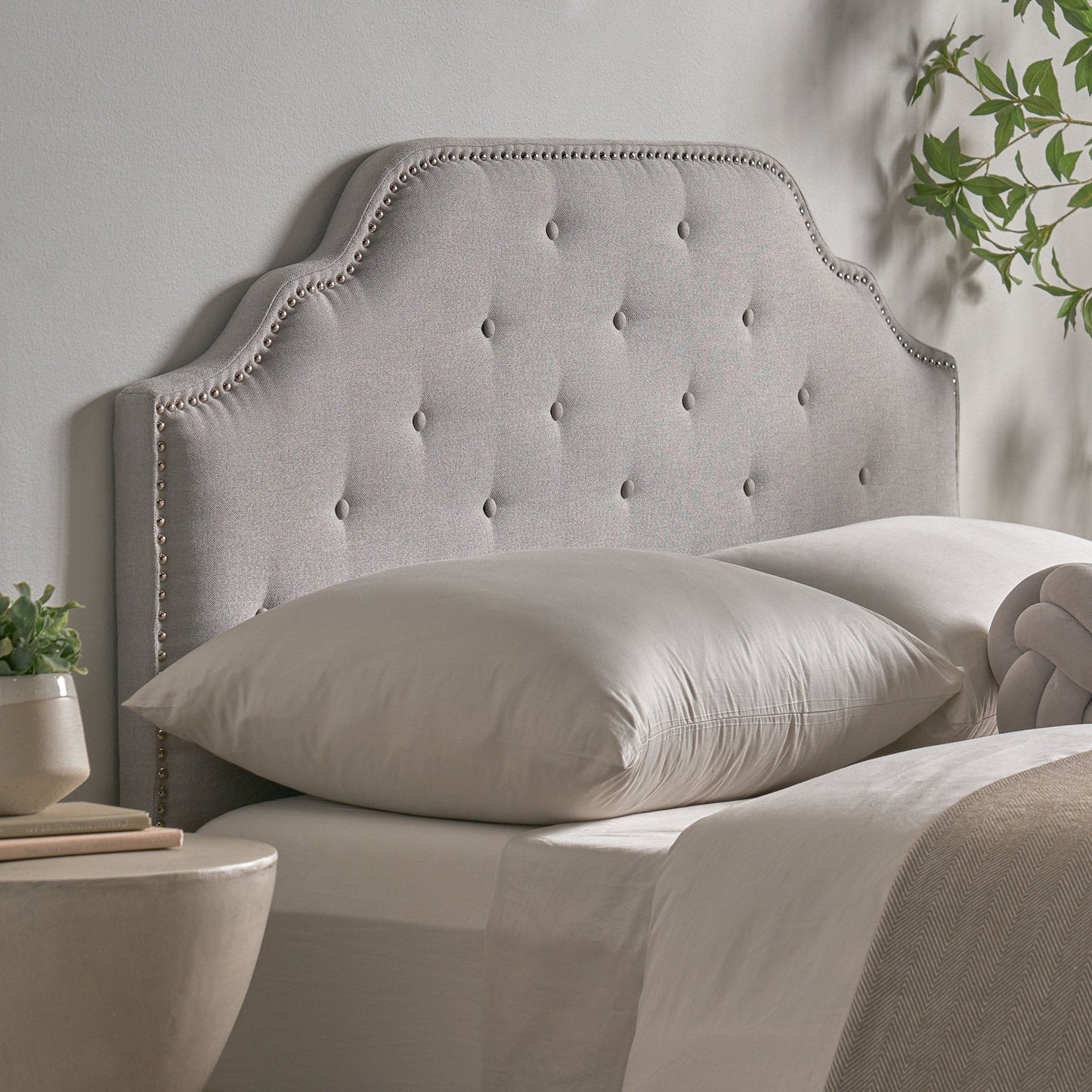 Upholstered Headboard with Diamond Tufted and Nail Head Trim, Queen and Full Size