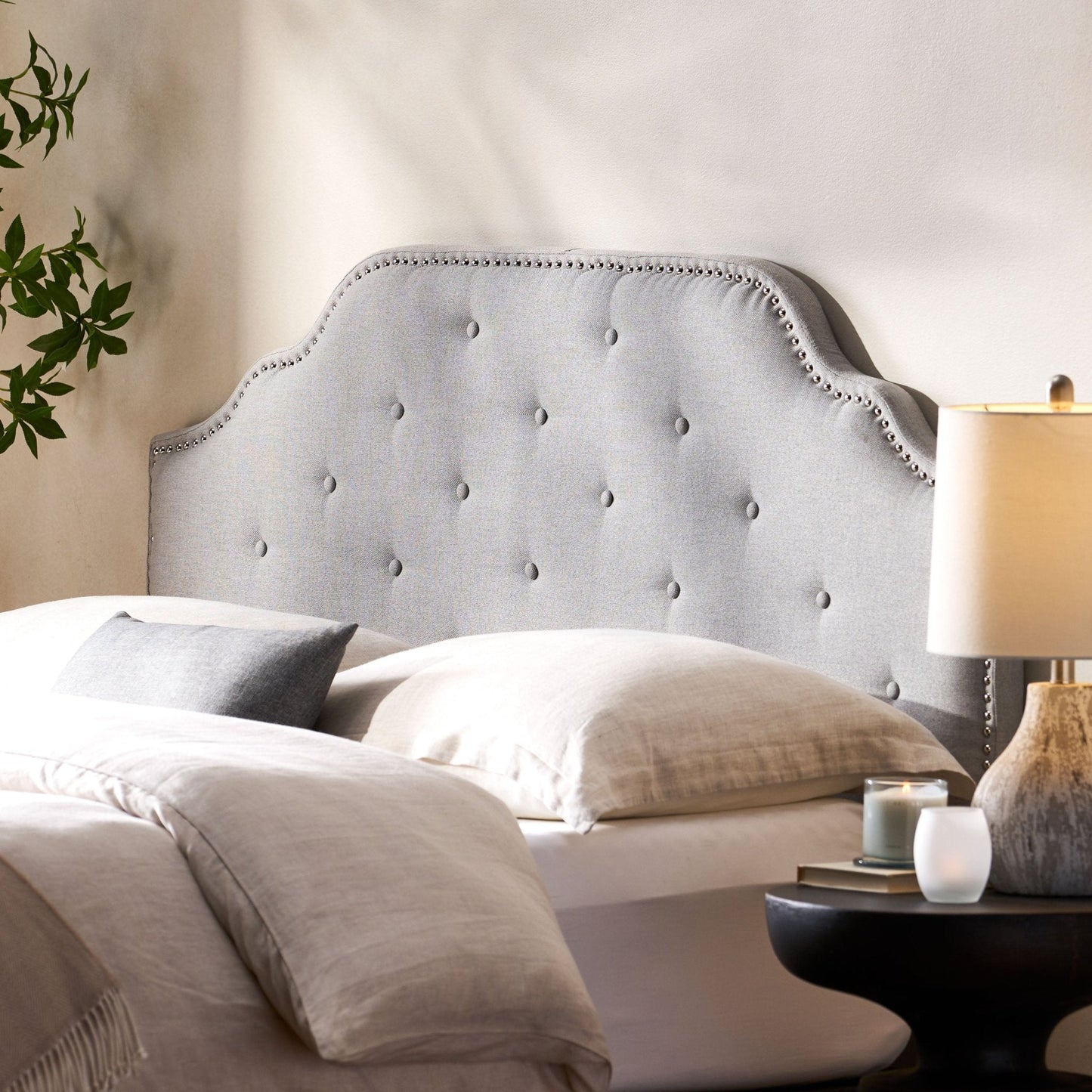 Upholstered Headboard with Diamond Tufted and Nail Head Trim, Queen and Full Size