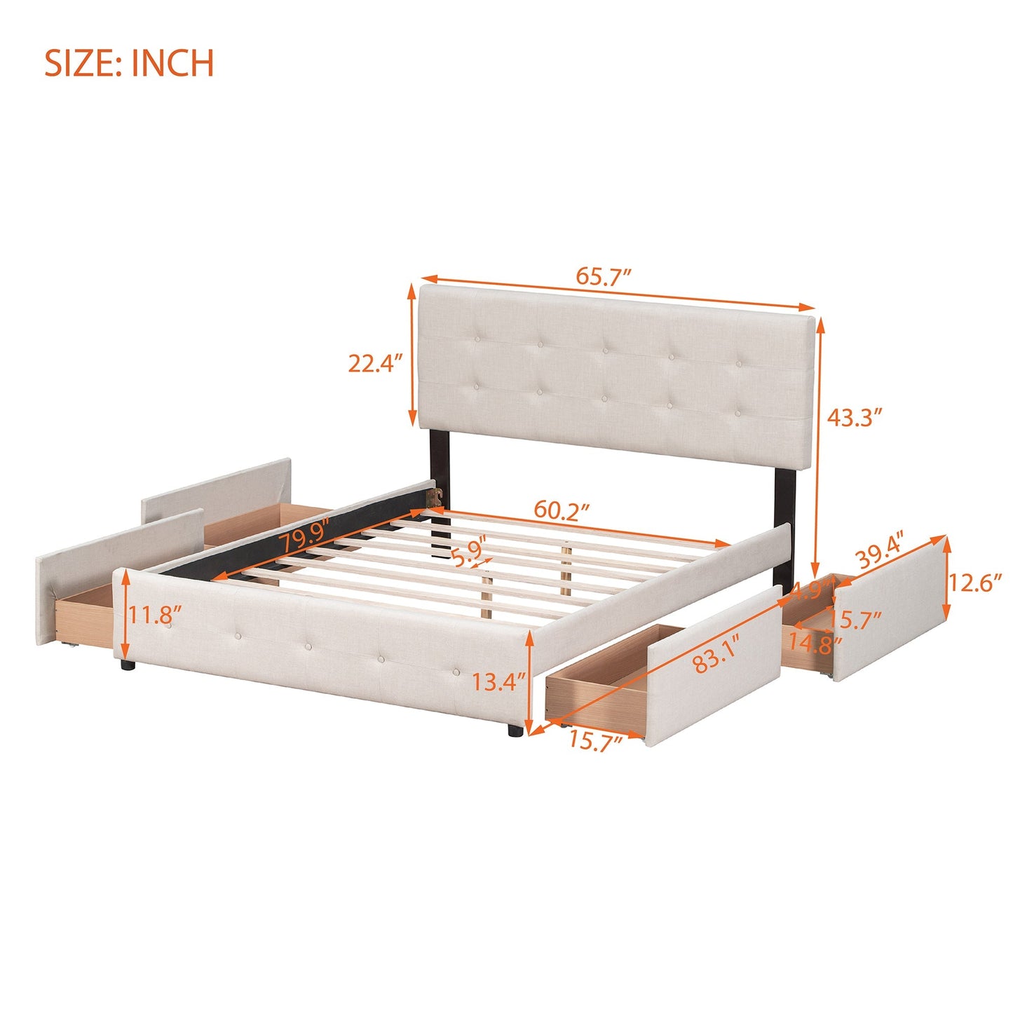 Upholstered Queen Platform Bed with Classic Headboard and 4 Drawers
