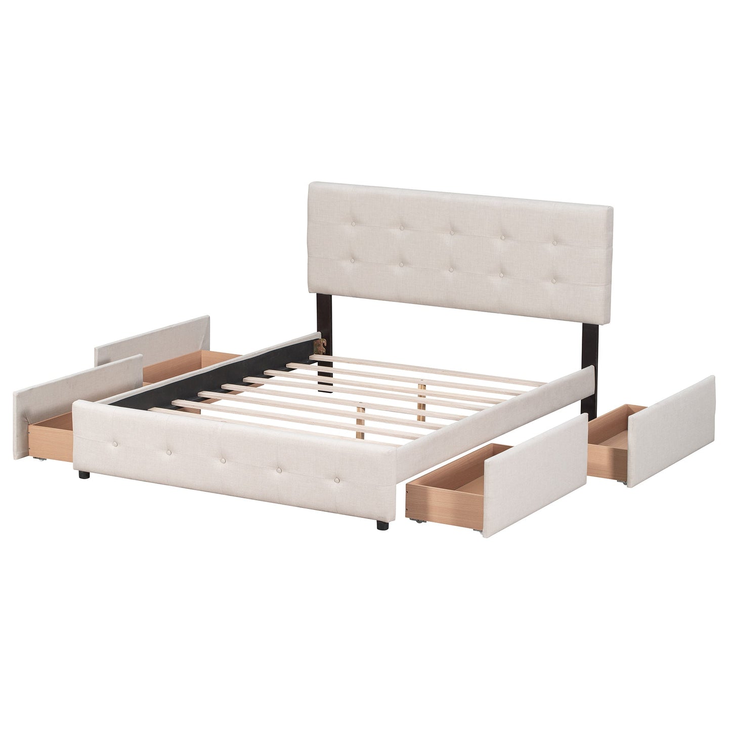 Upholstered Queen Platform Bed with Classic Headboard and 4 Drawers