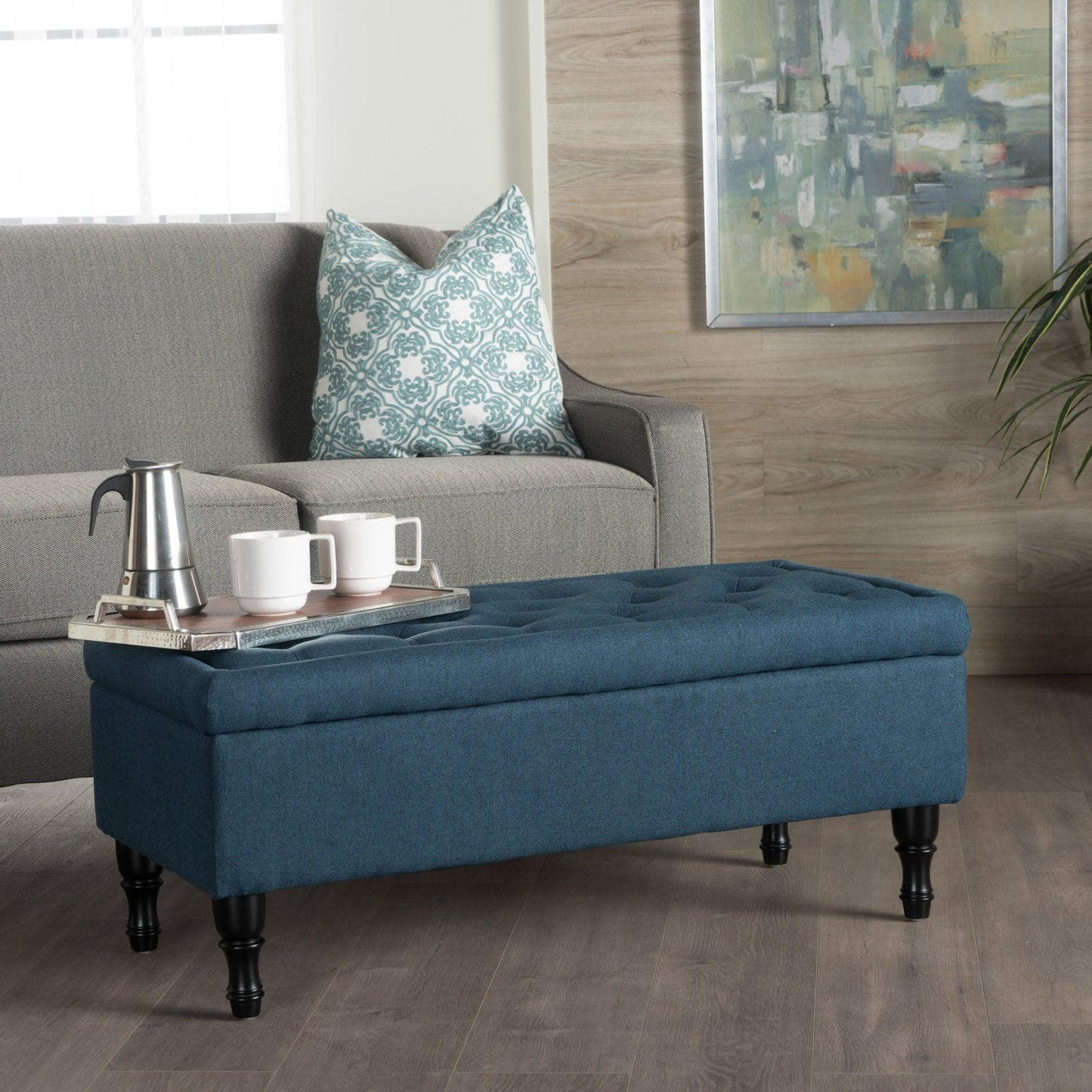 Upholstered Suede Storage Bench with Button Tufted and Turned Legs