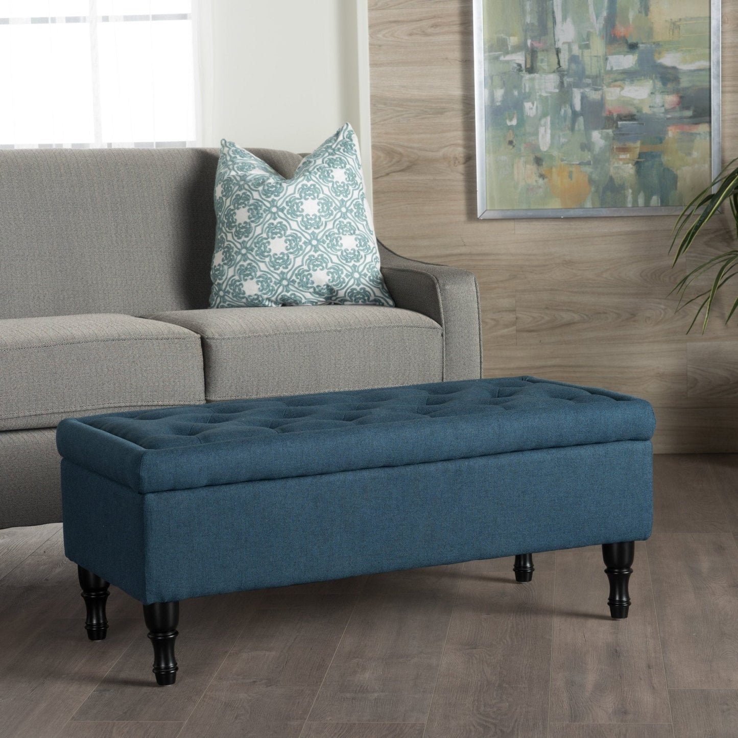 Upholstered Suede Storage Bench with Button Tufted and Turned Legs