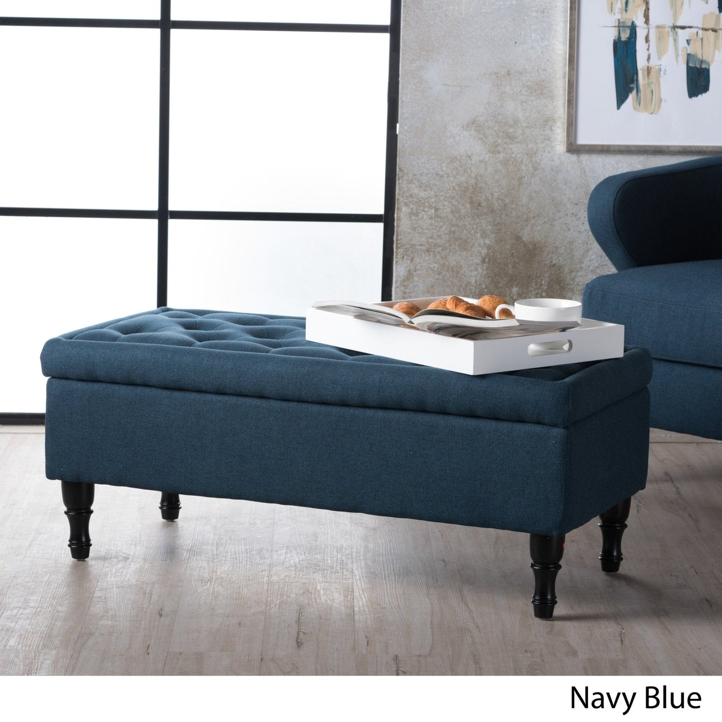 Upholstered Suede Storage Bench with Button Tufted and Turned Legs