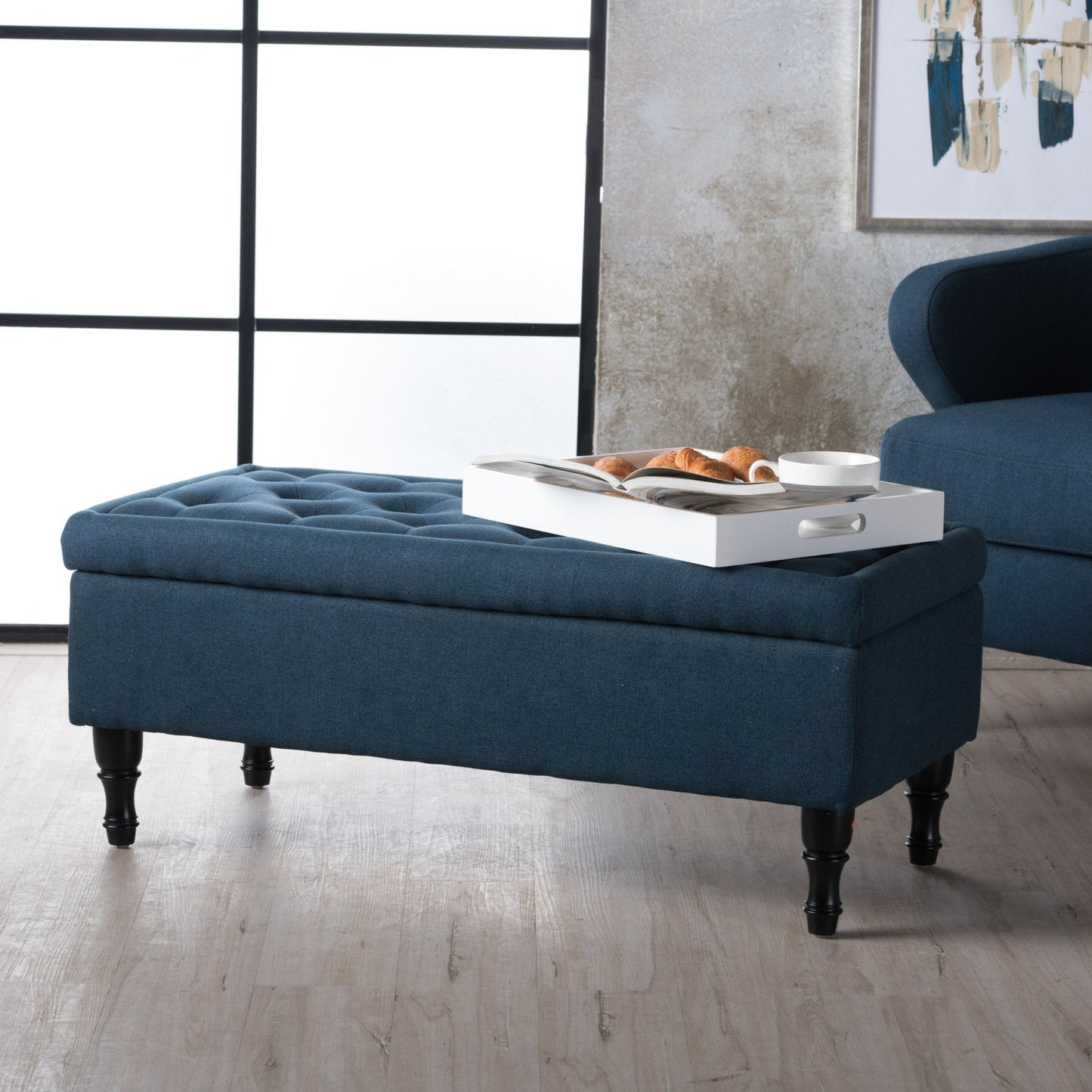 Upholstered Suede Storage Bench with Button Tufted and Turned Legs