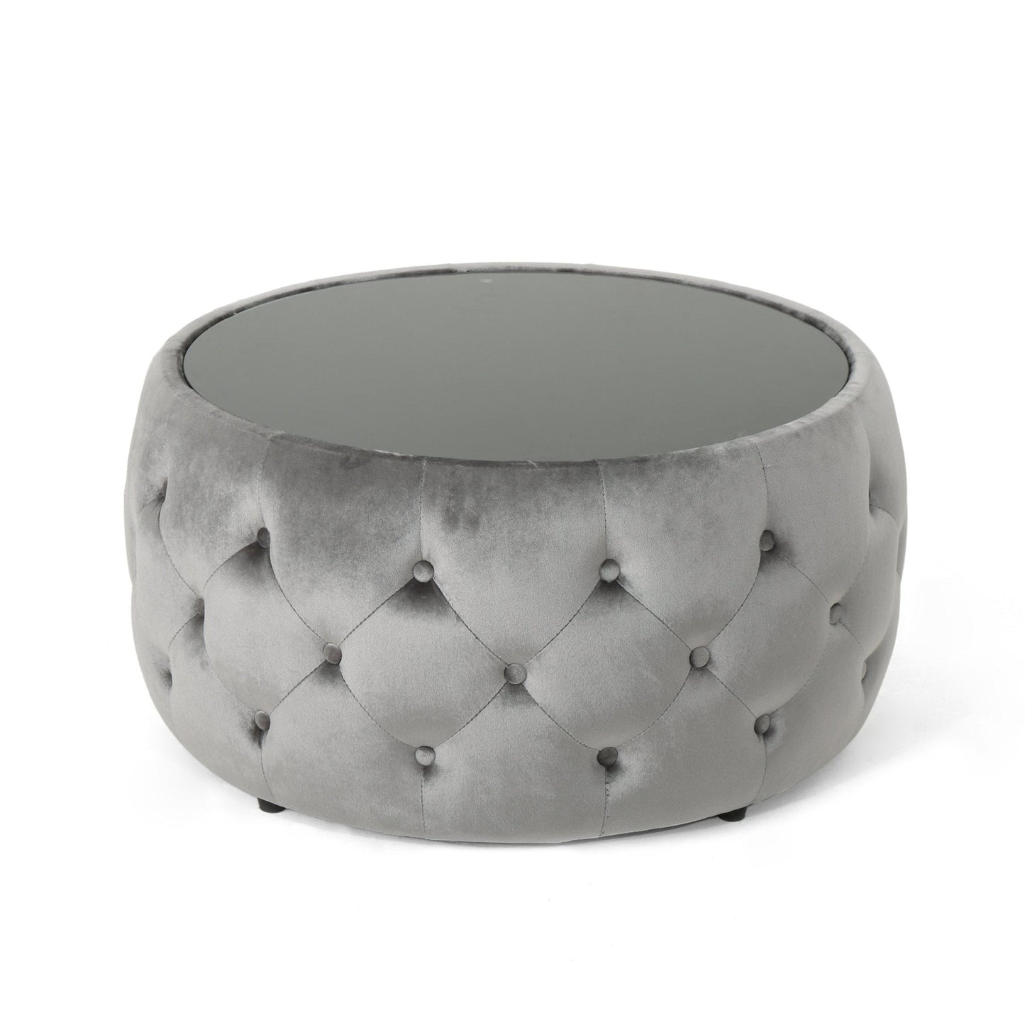 Velvet Upholstered Ottoman with Button Tufted and Tempered Glass Top