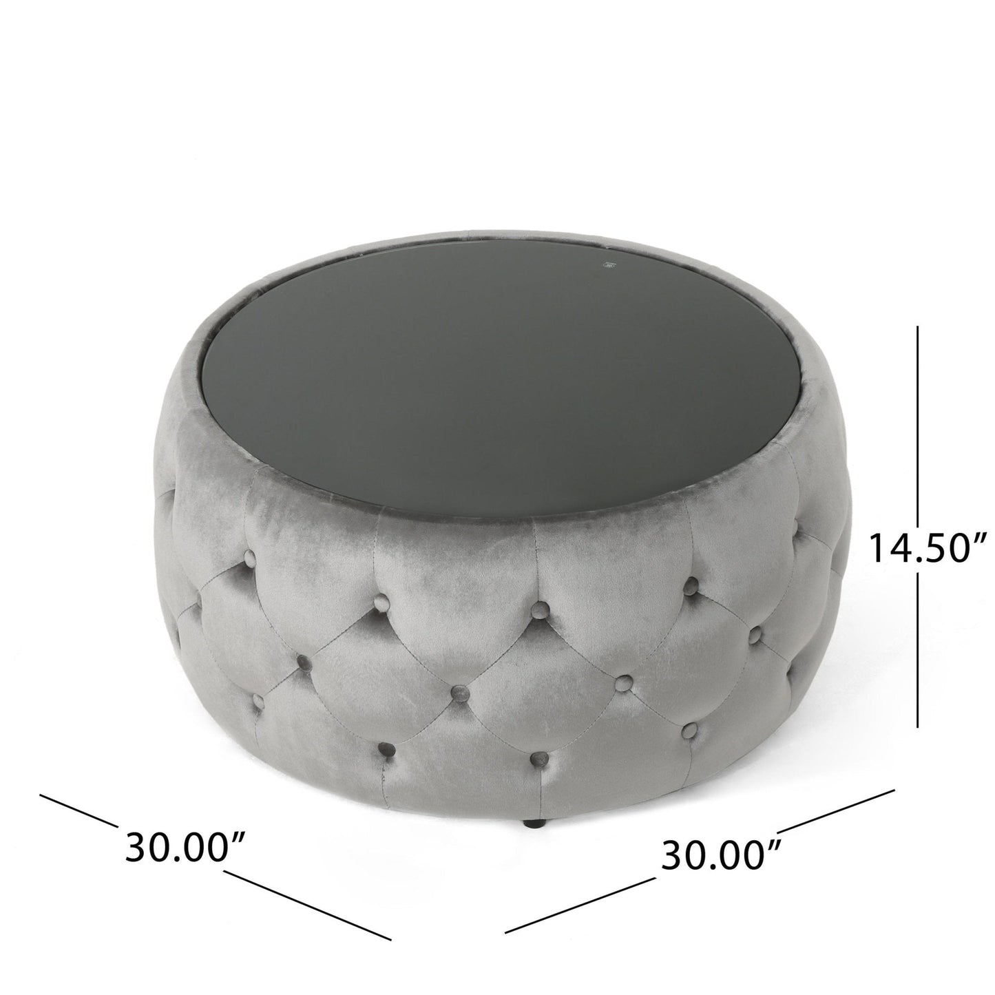 Velvet Upholstered Ottoman with Button Tufted and Tempered Glass Top