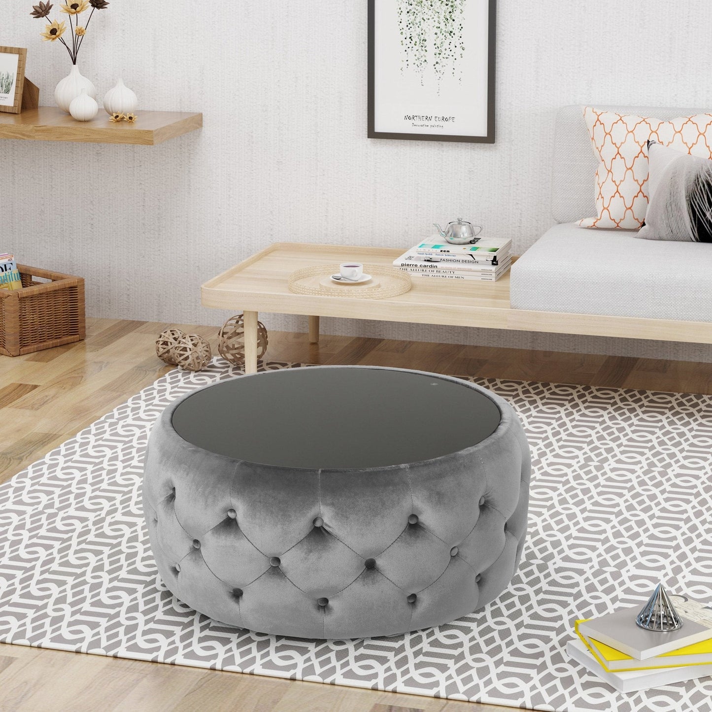 Velvet Upholstered Ottoman with Button Tufted and Tempered Glass Top