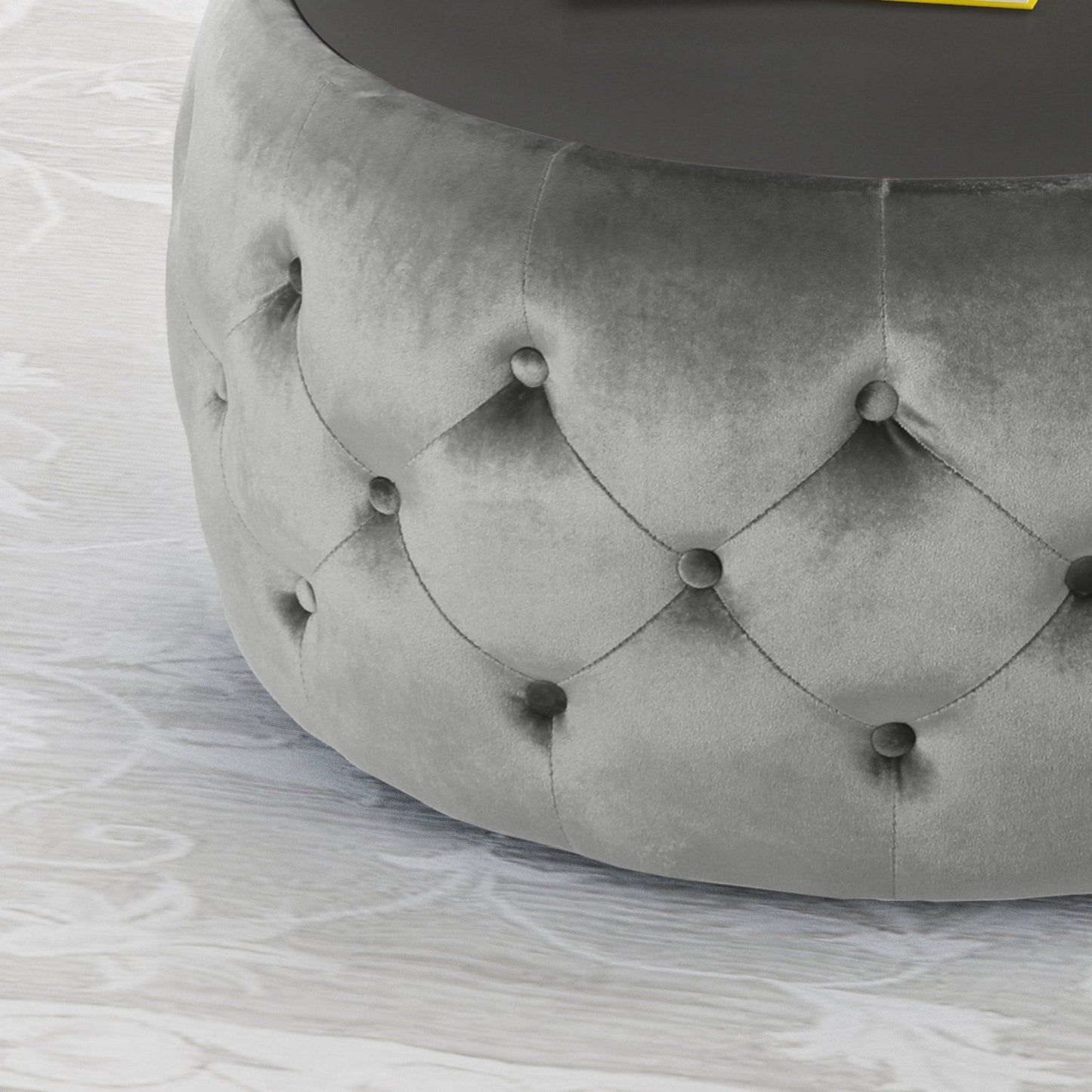 Velvet Upholstered Ottoman with Button Tufted and Tempered Glass Top