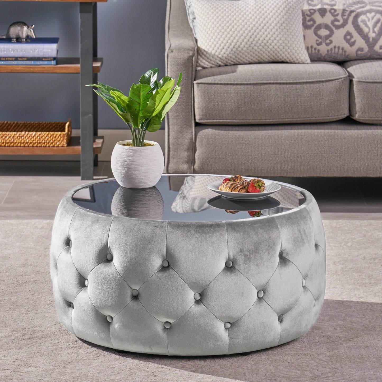Velvet Upholstered Ottoman with Button Tufted and Tempered Glass Top