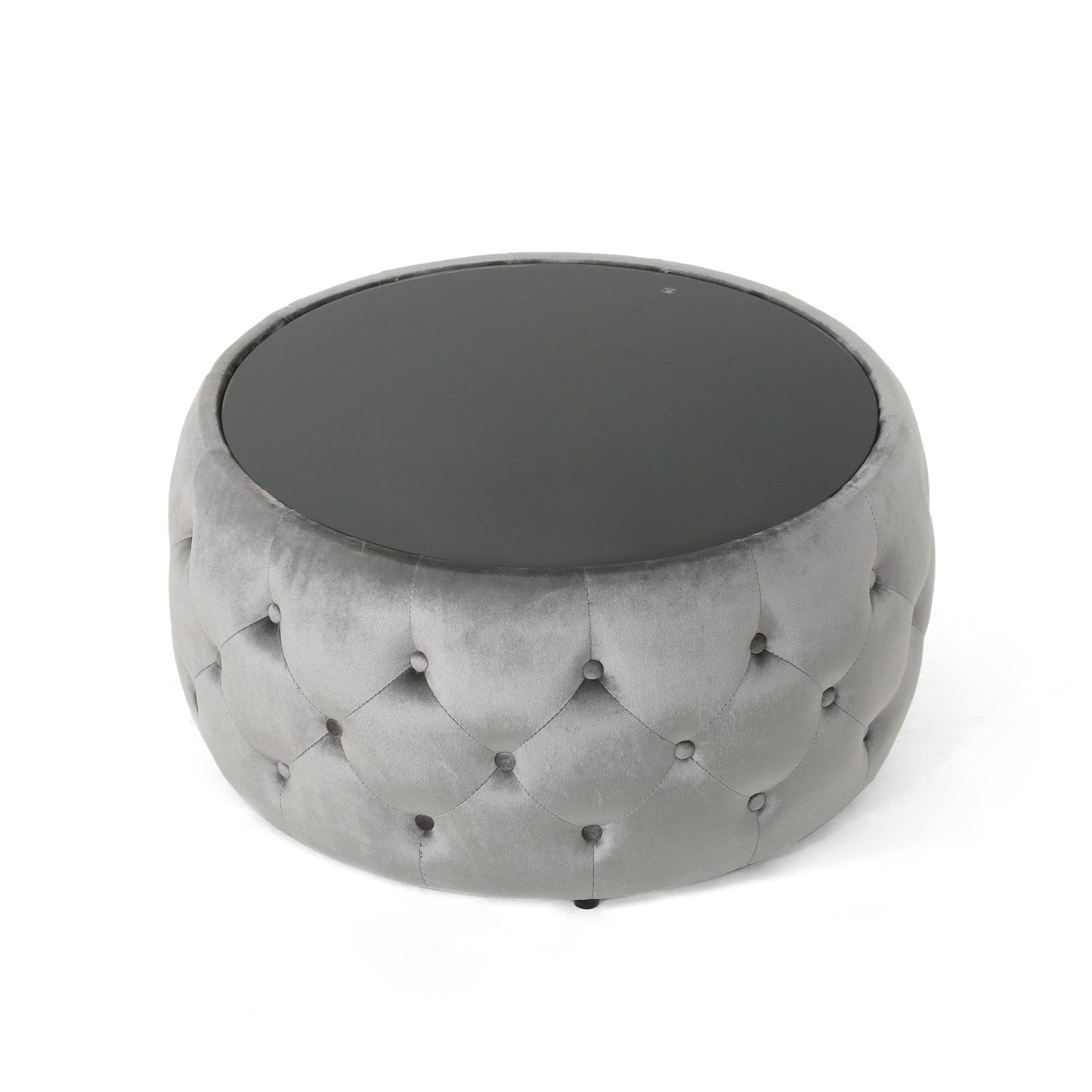 Velvet Upholstered Ottoman with Button Tufted and Tempered Glass Top