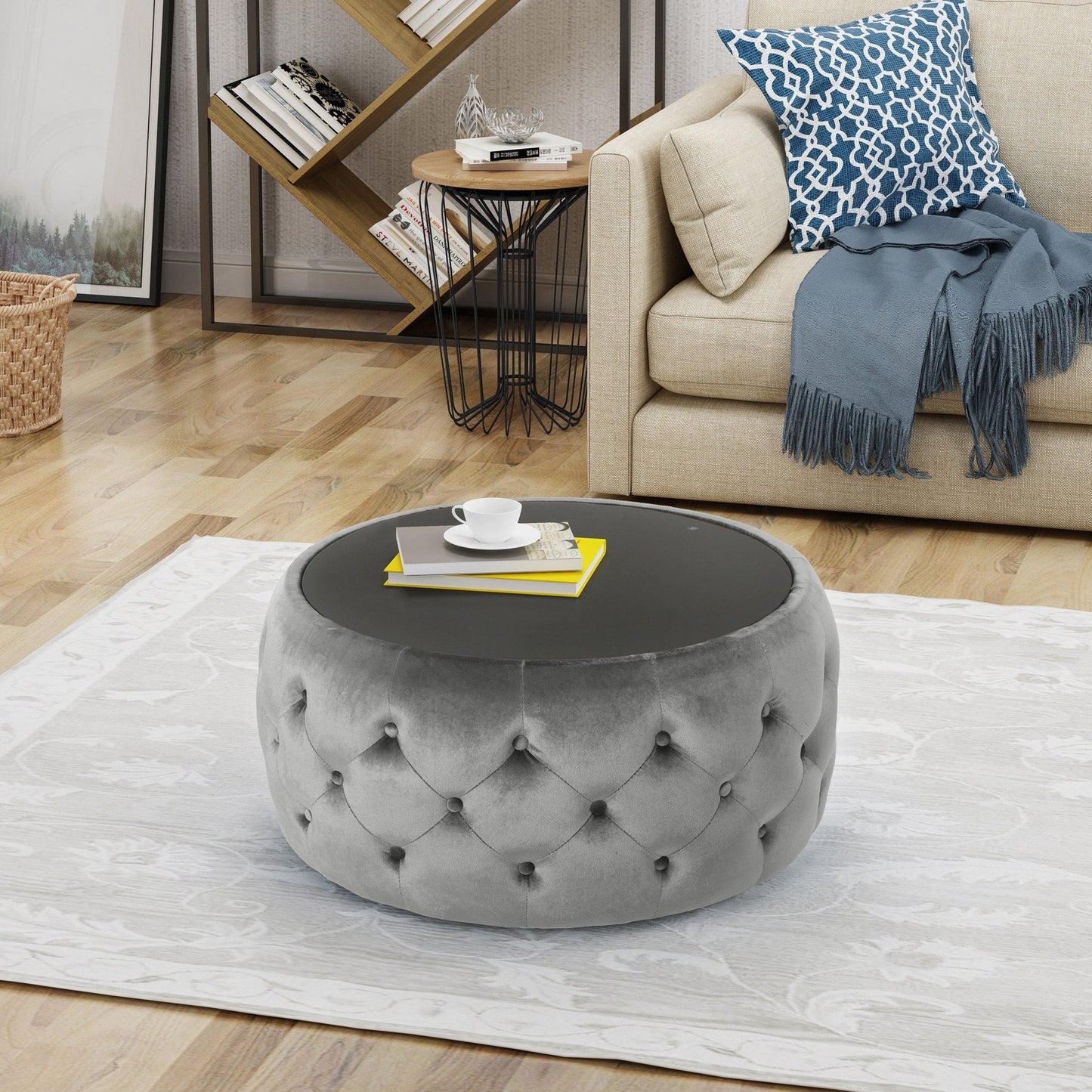 Velvet Upholstered Ottoman with Button Tufted and Tempered Glass Top
