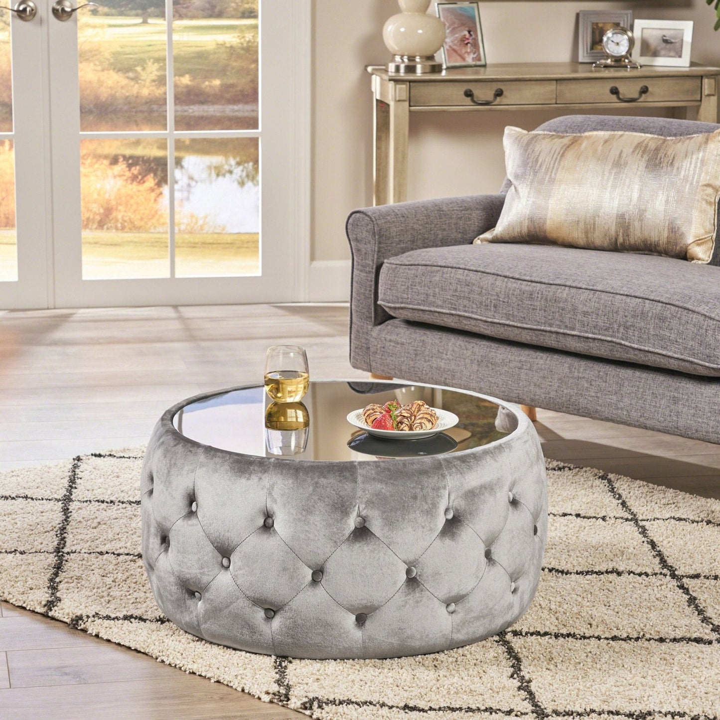 Velvet Upholstered Ottoman with Button Tufted and Tempered Glass Top