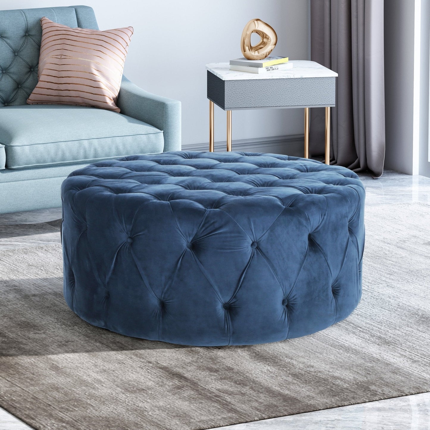 Velvet Upholstered Ottoman with Button Tufted Diamond Stitch