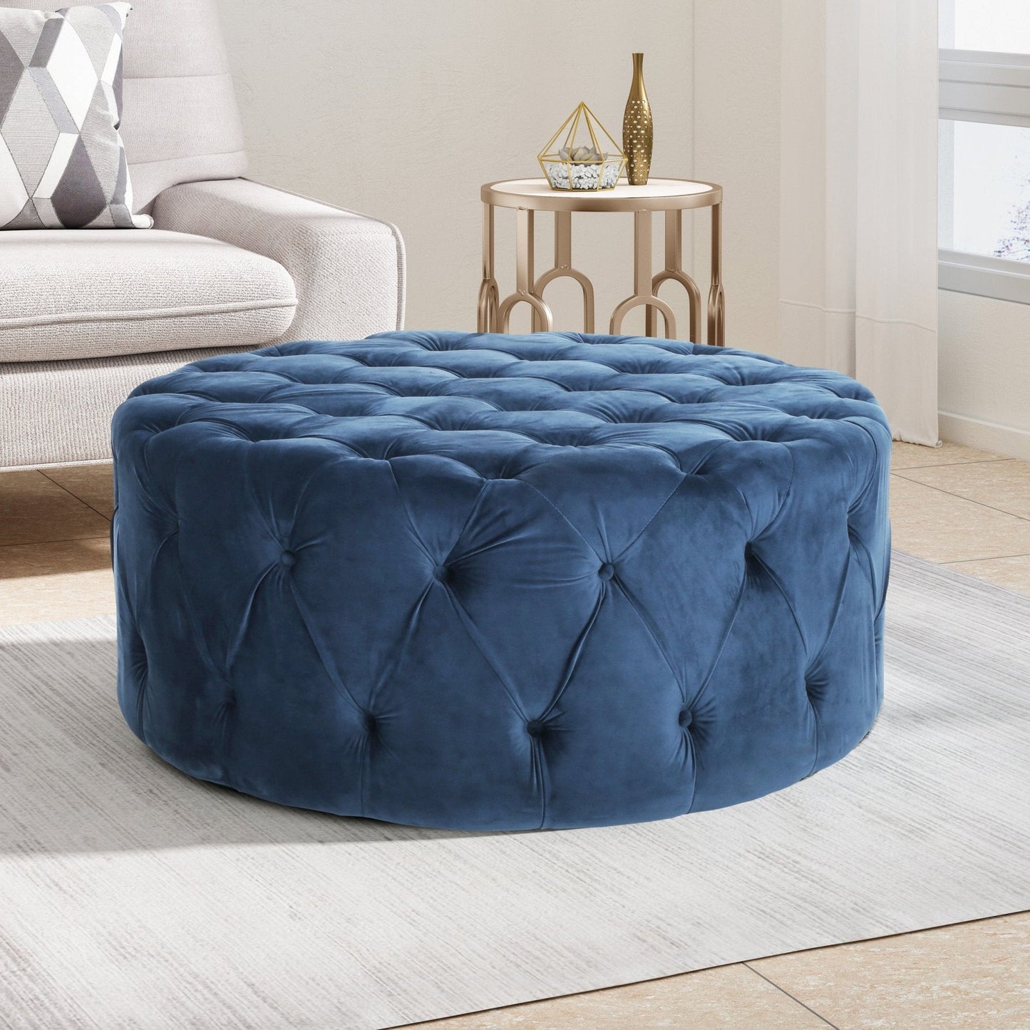 Velvet Upholstered Ottoman with Button Tufted Diamond Stitch