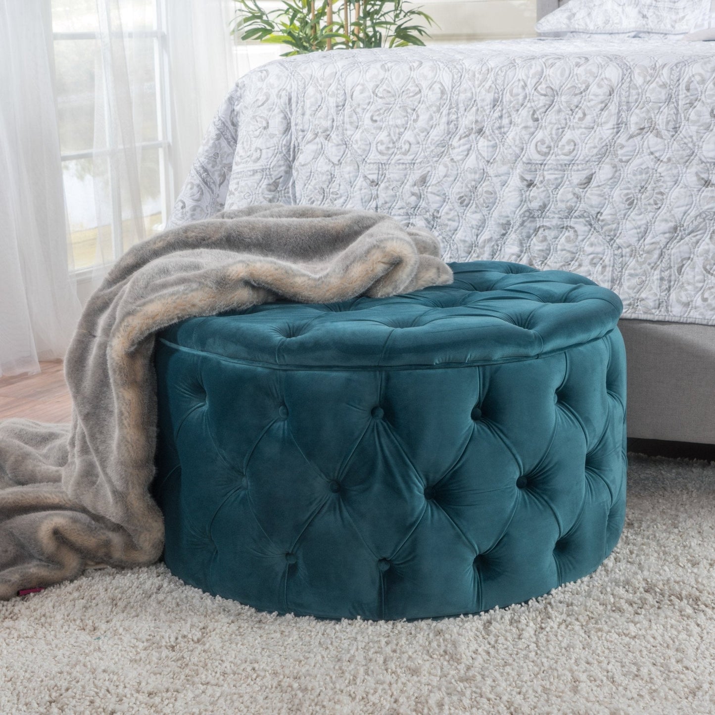 Velvet Upholstered Ottoman with Button Tufted