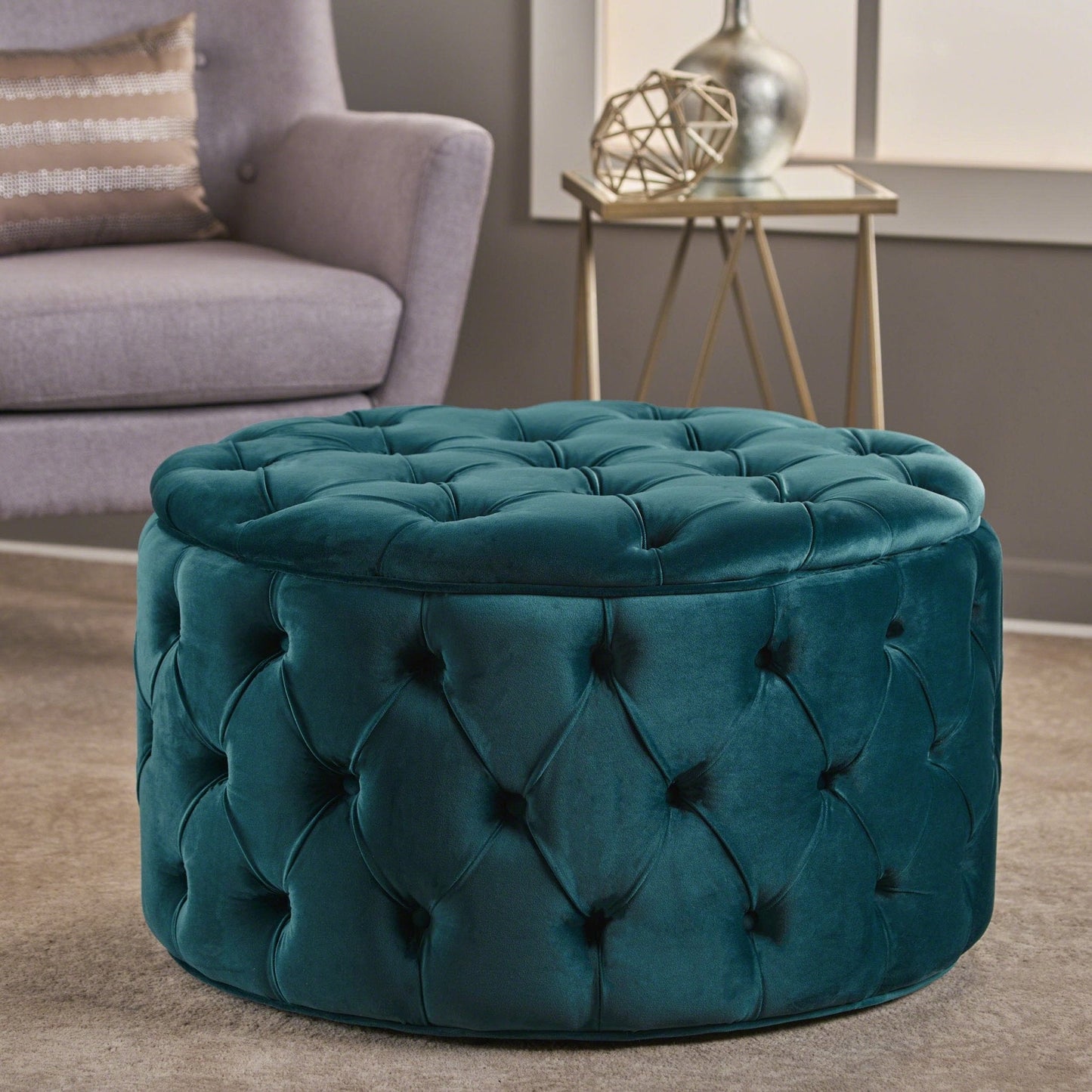 Velvet Upholstered Ottoman with Button Tufted
