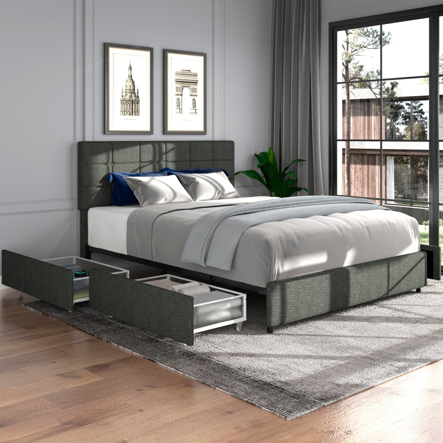 Vera Queen Size Gray Linen Upholstered Platform Bed