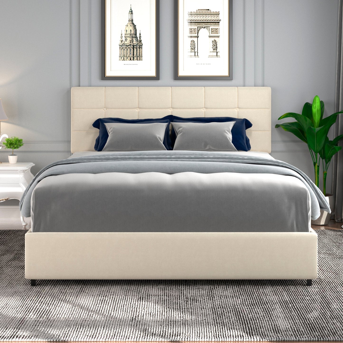 Vera Queen Size Ivory Velvet Upholstered Platform Bed
