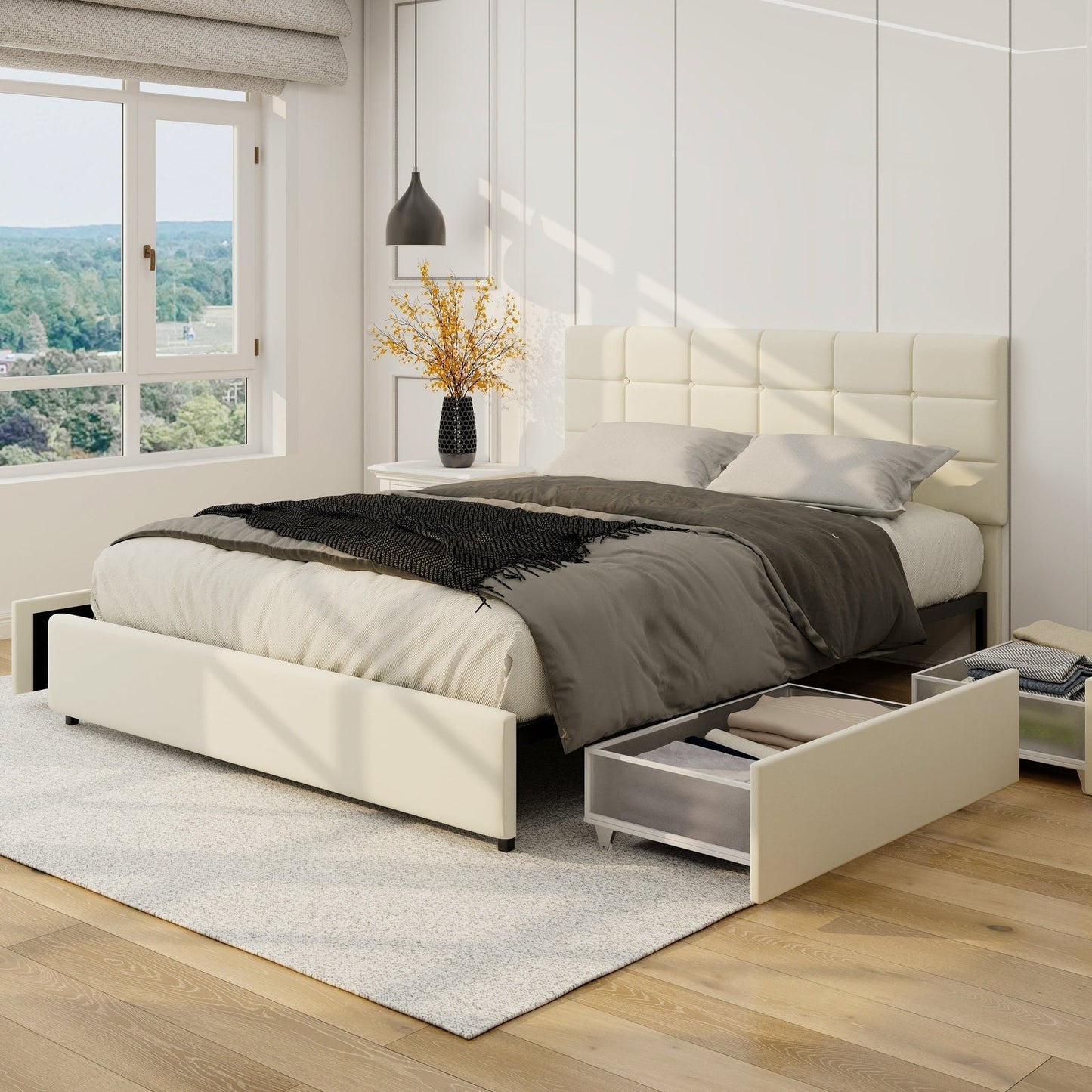 Vera Queen Size Ivory Velvet Upholstered Platform Bed