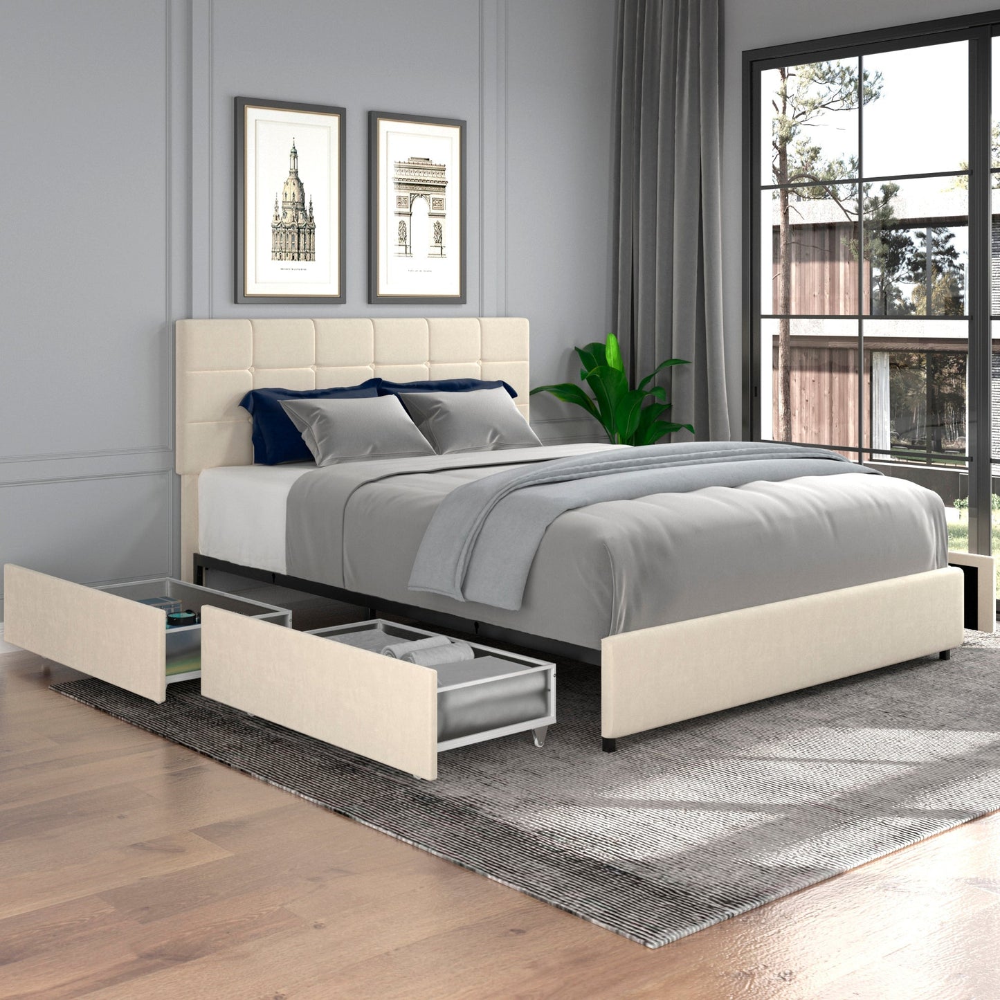 Vera Queen Size Ivory Velvet Upholstered Platform Bed