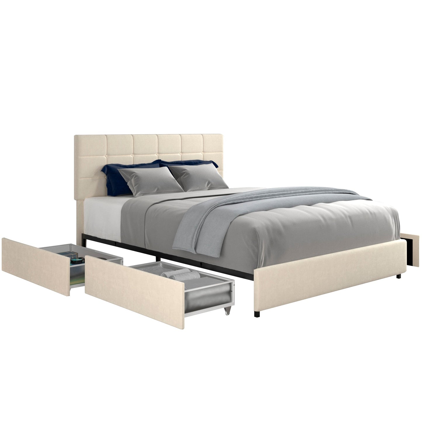 Vera Queen Size Ivory Velvet Upholstered Platform Bed